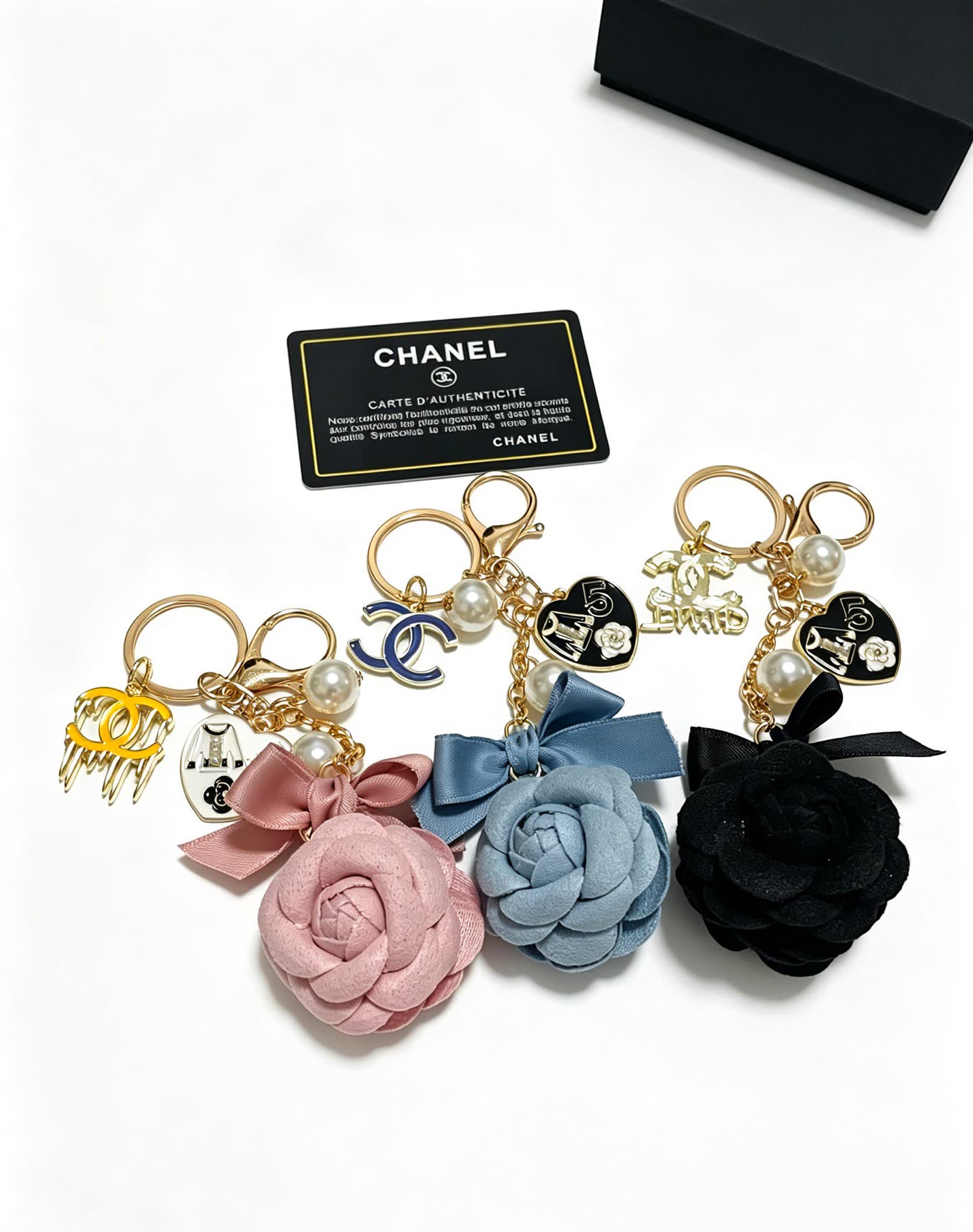 Chanel Blue Leather Rose Keychain