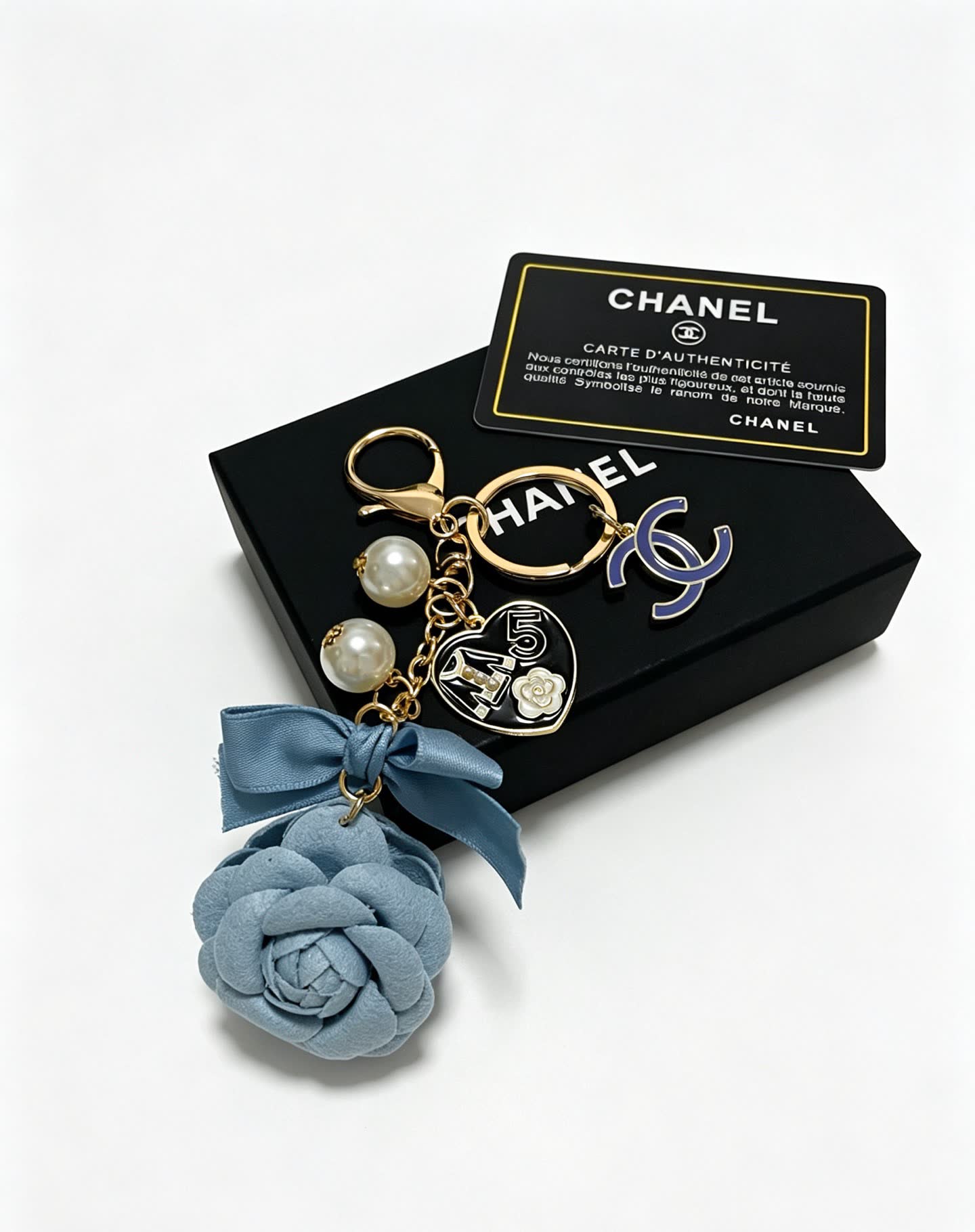 Chanel Blue Leather Rose Keychain
