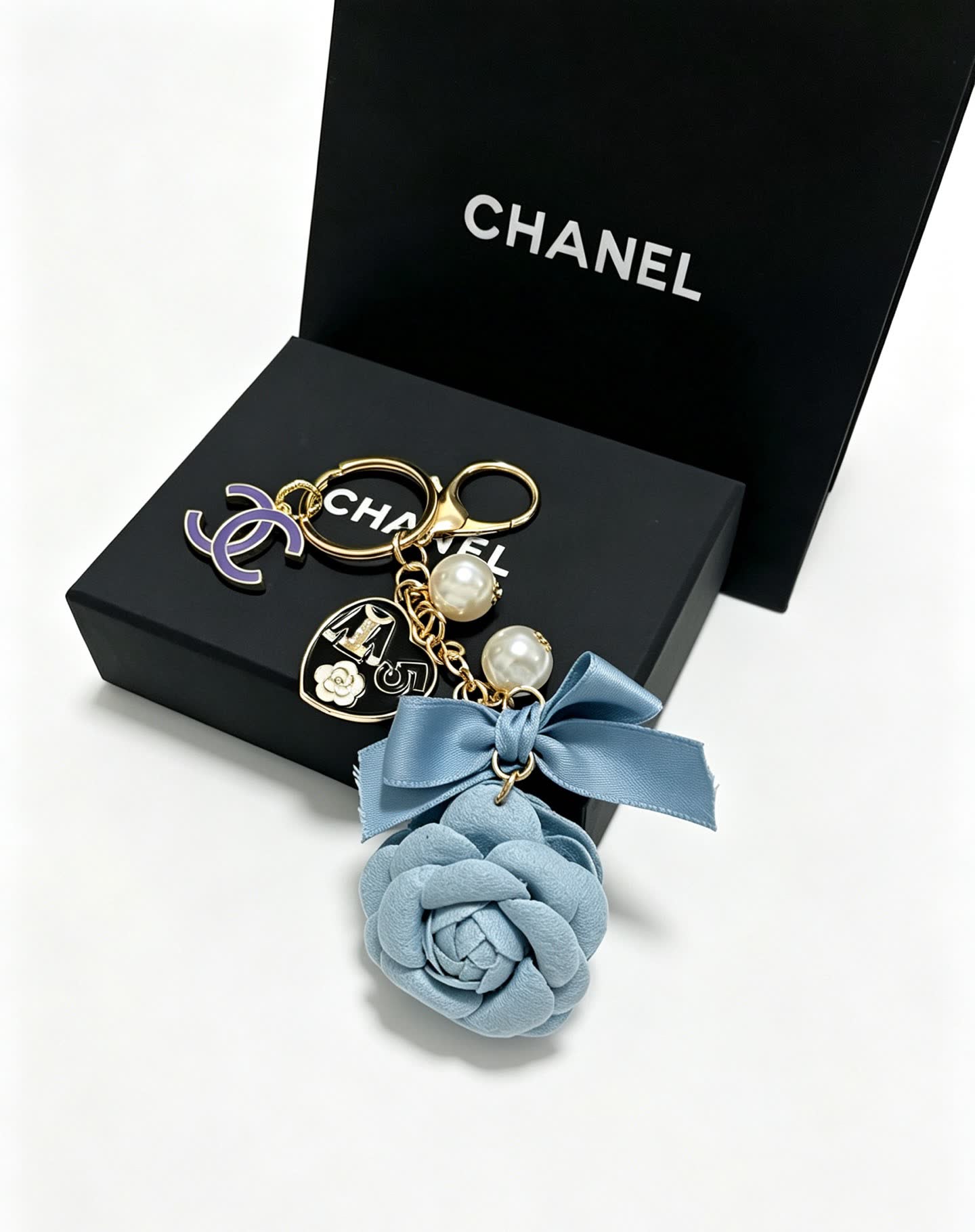 Chanel Blue Leather Rose Keychain
