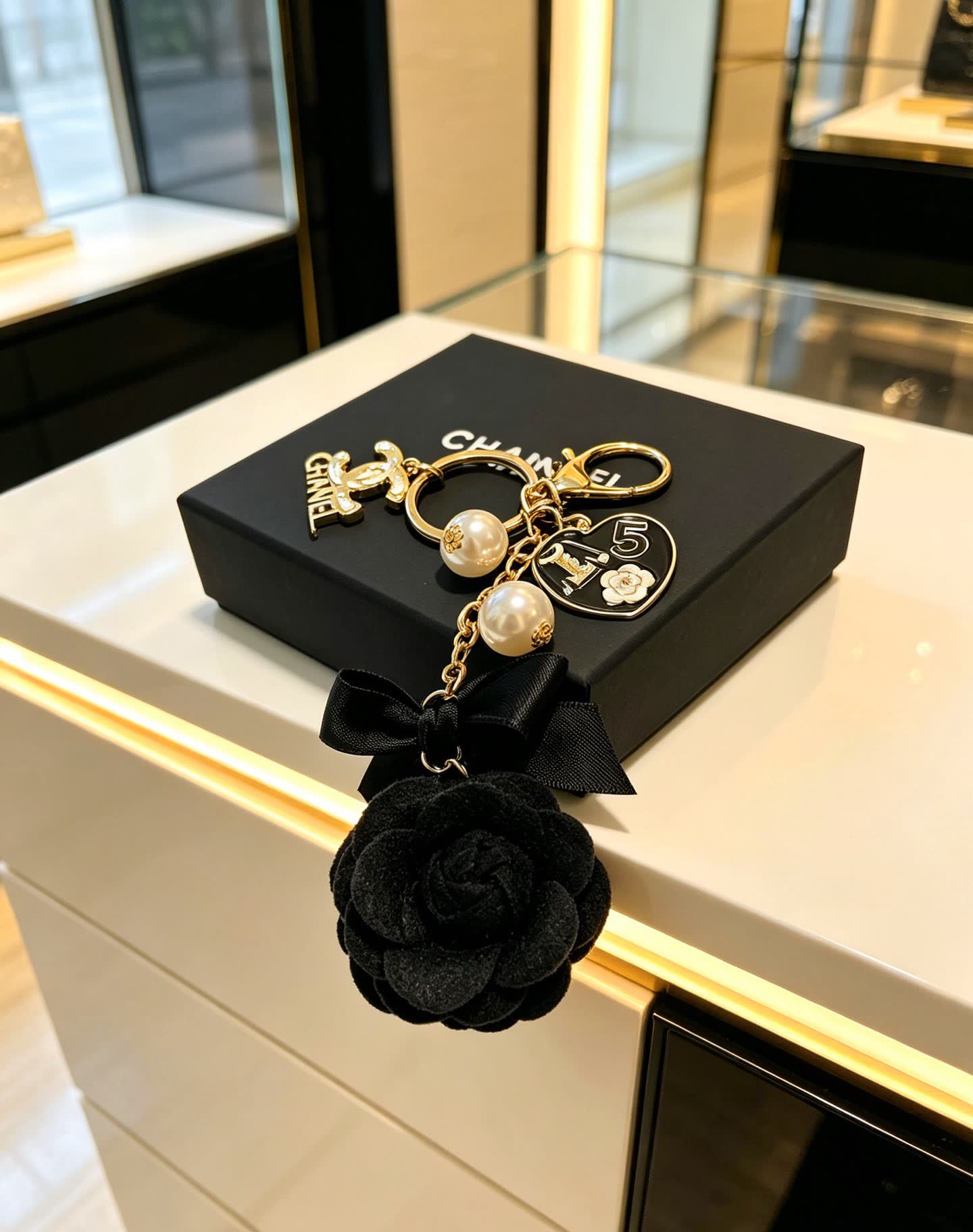 Chanel Black Velvet Rose Keychain