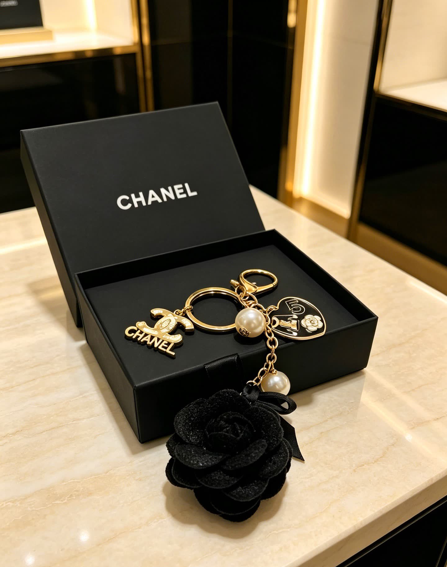 Chanel Black Velvet Rose Keychain