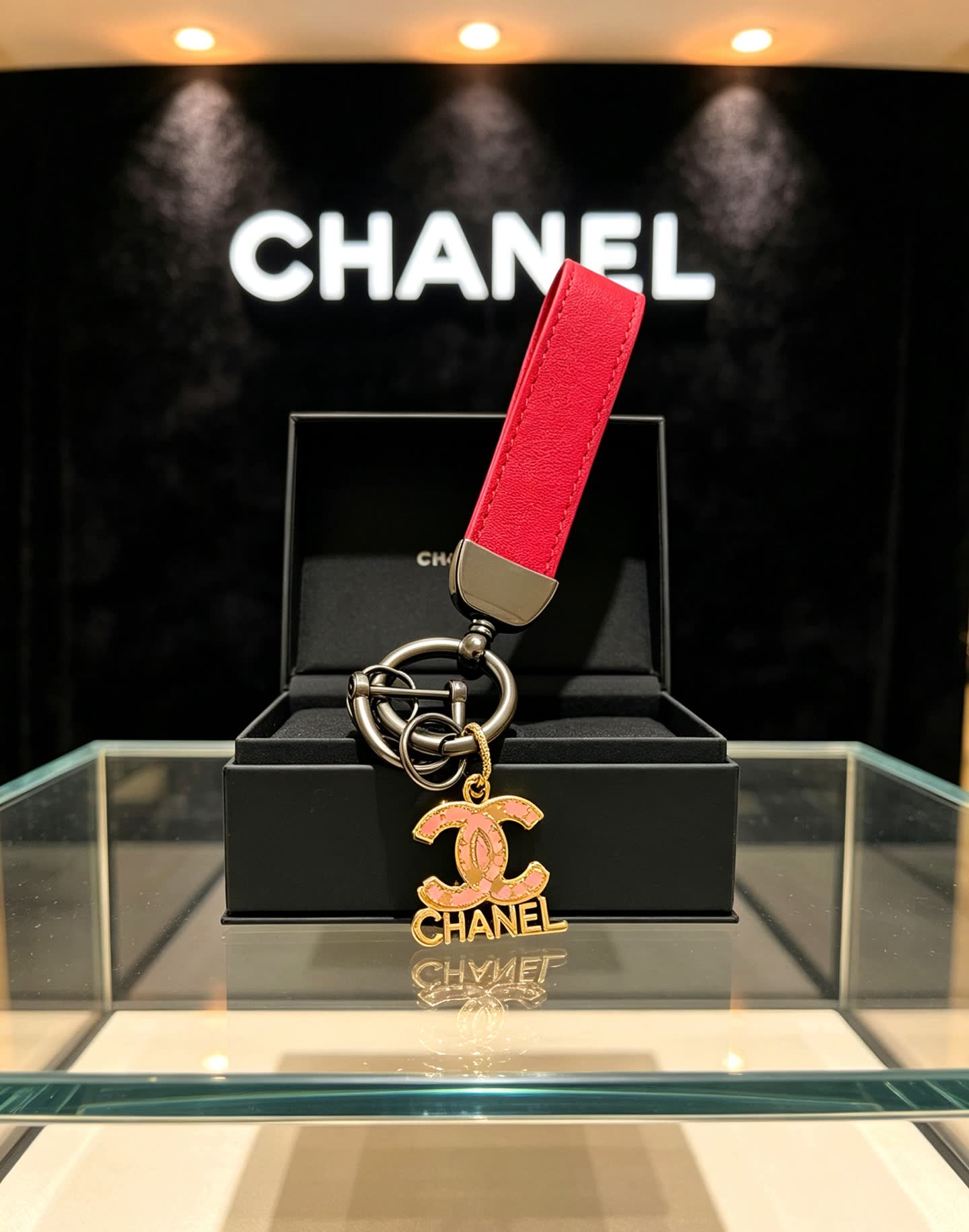 Chanel Red Leather Keychain with CC Logo