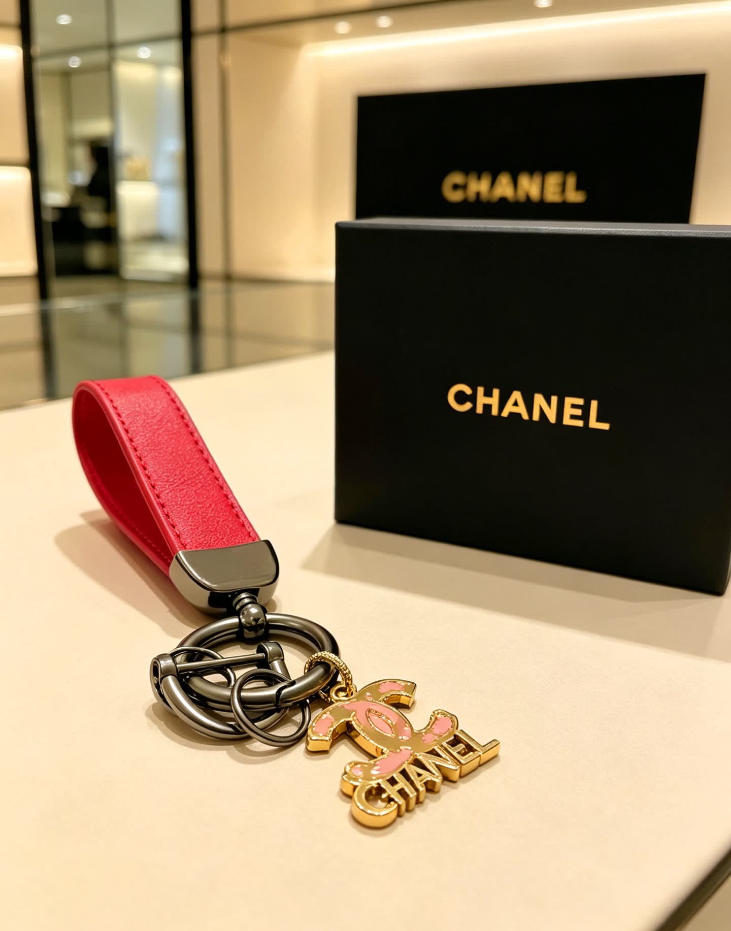 Chanel Red Leather Keychain with CC Logo