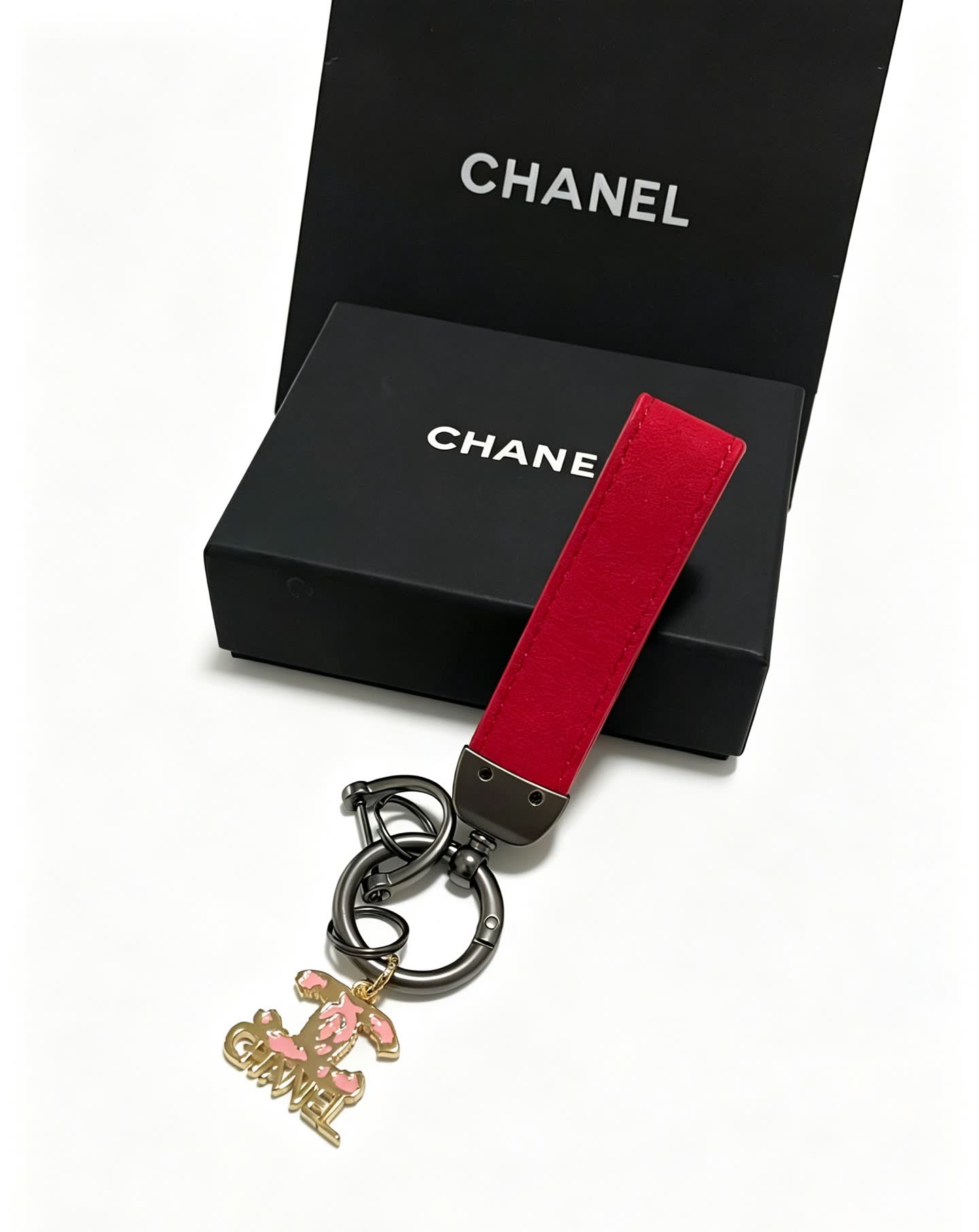 Chanel Red Leather Keychain with CC Logo