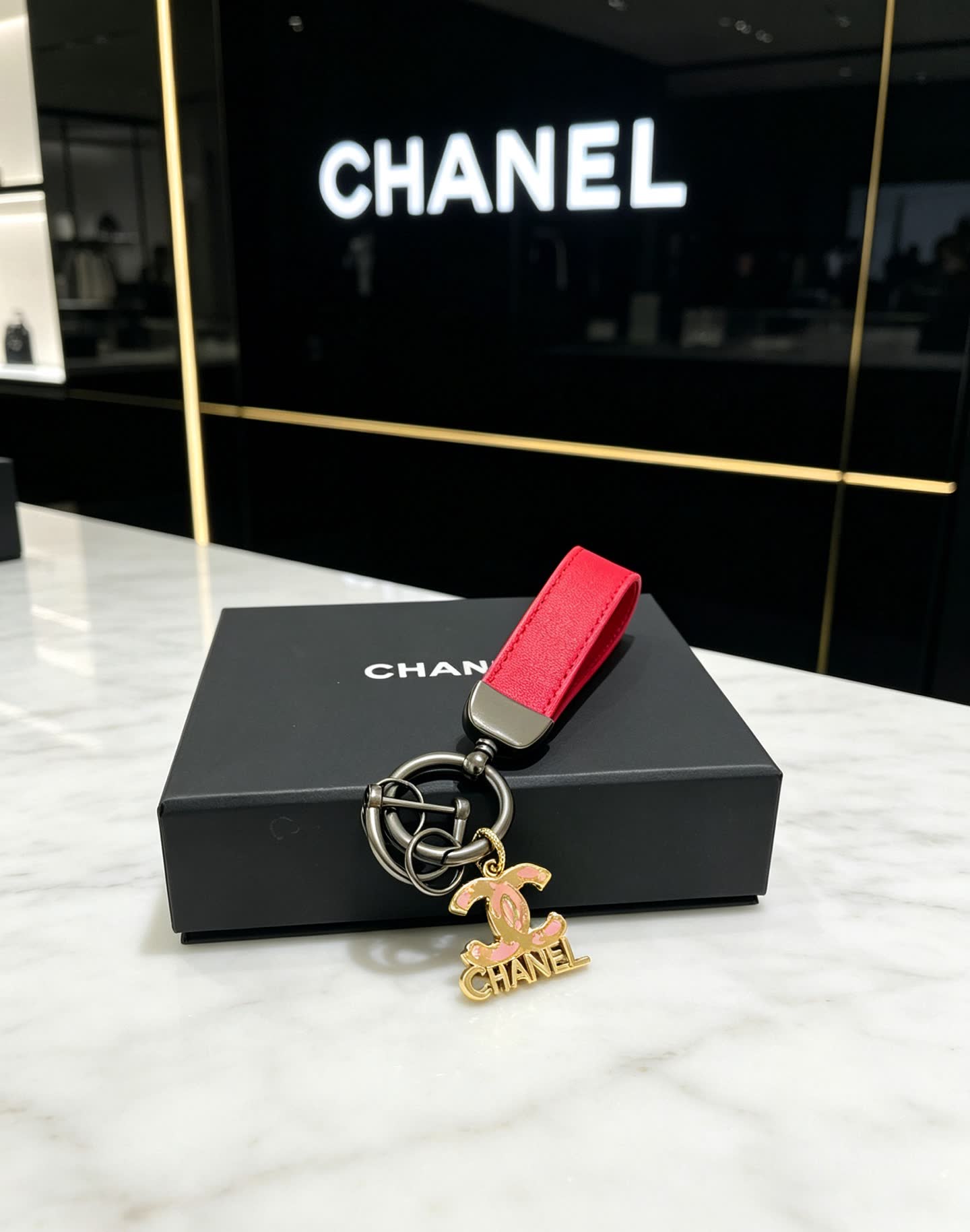 Chanel Red Leather Keychain with CC Logo