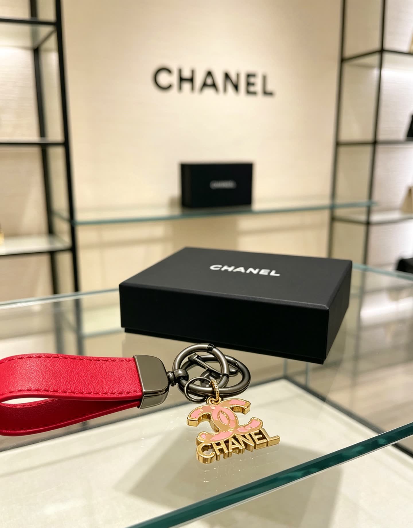 Chanel Red Leather Keychain with CC Logo