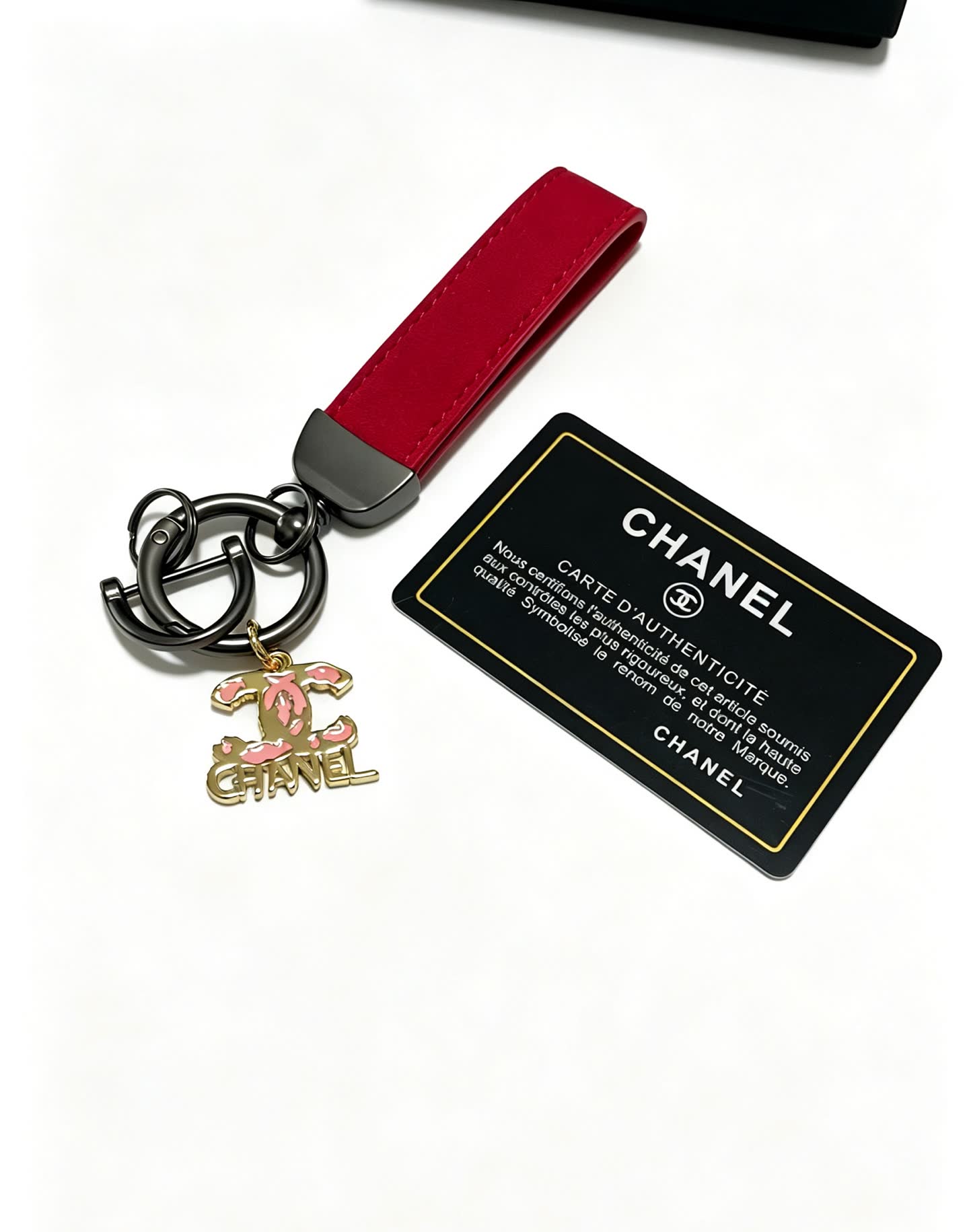 Chanel Red Leather Keychain with CC Logo