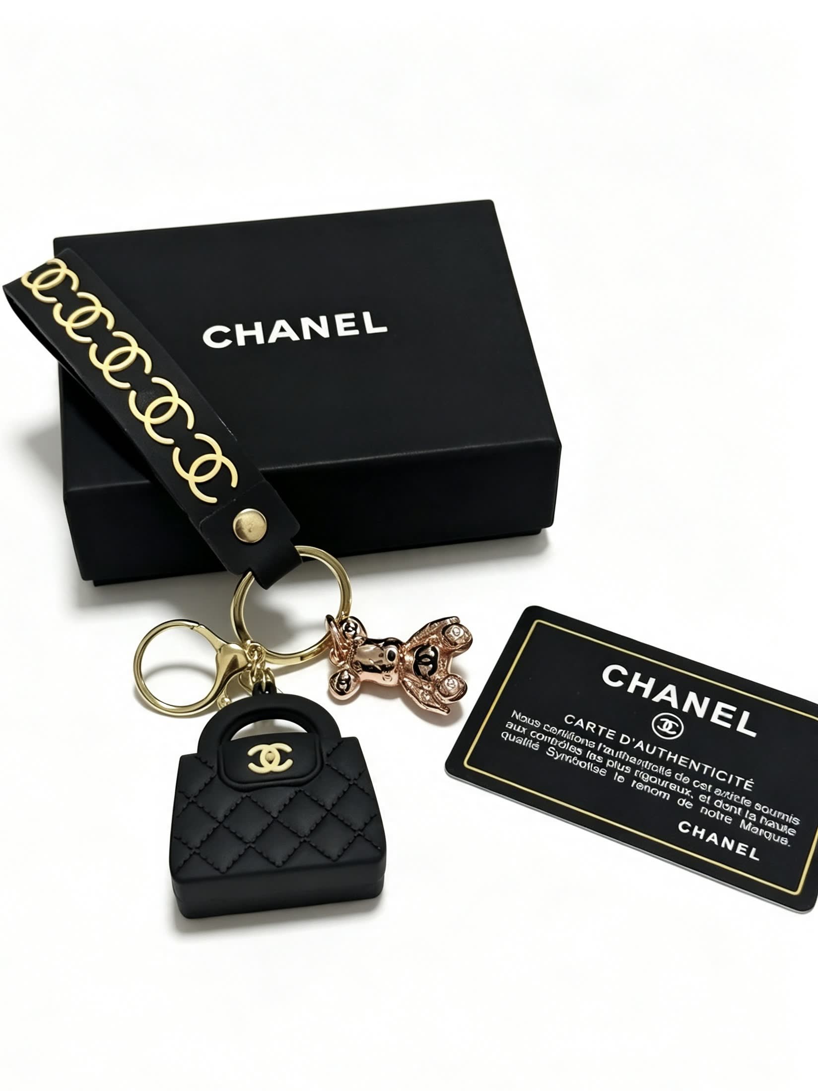 Chanel Quilted Leather Keychain with Gold Chain Strap