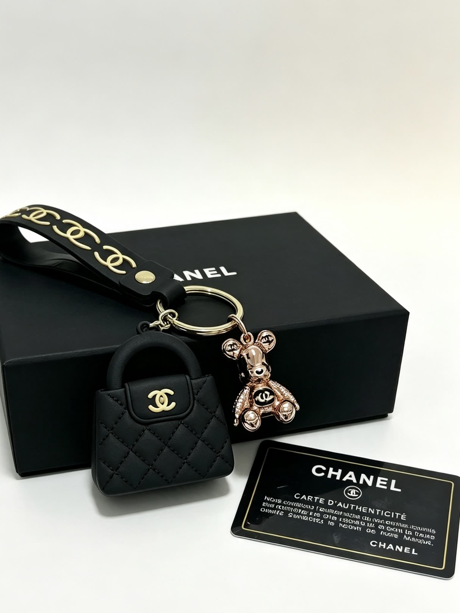 Chanel Quilted Leather Keychain with Gold Chain Strap