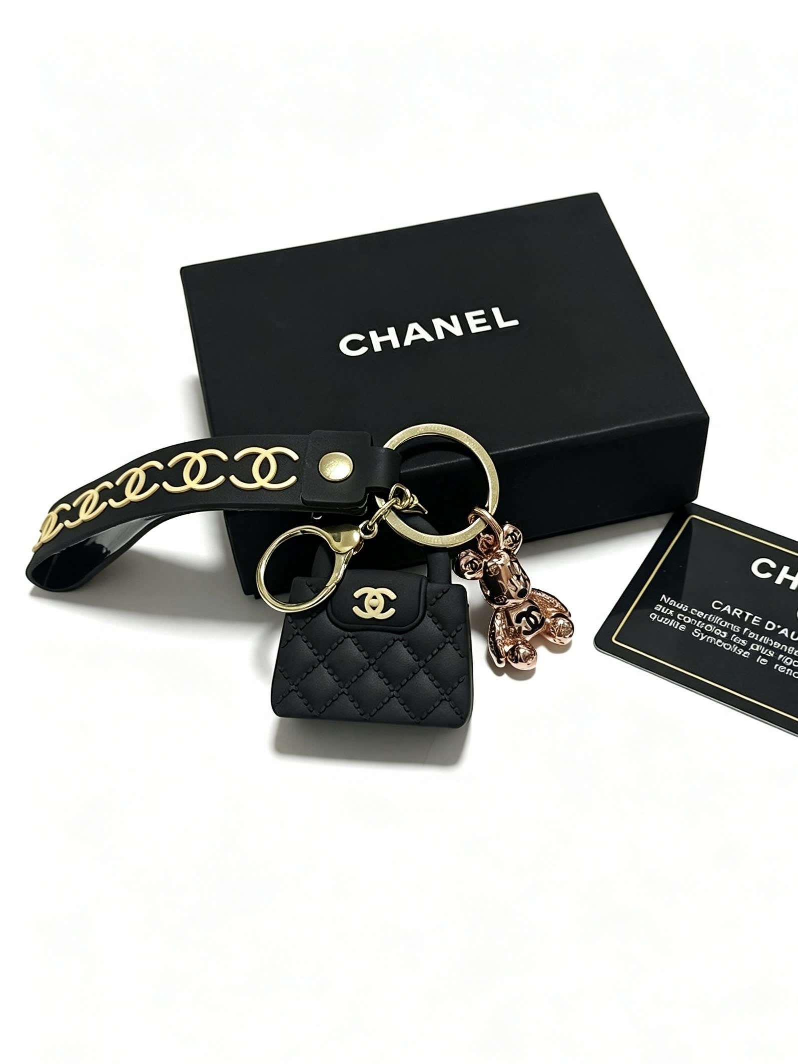 Chanel Quilted Leather Keychain with Gold Chain Strap