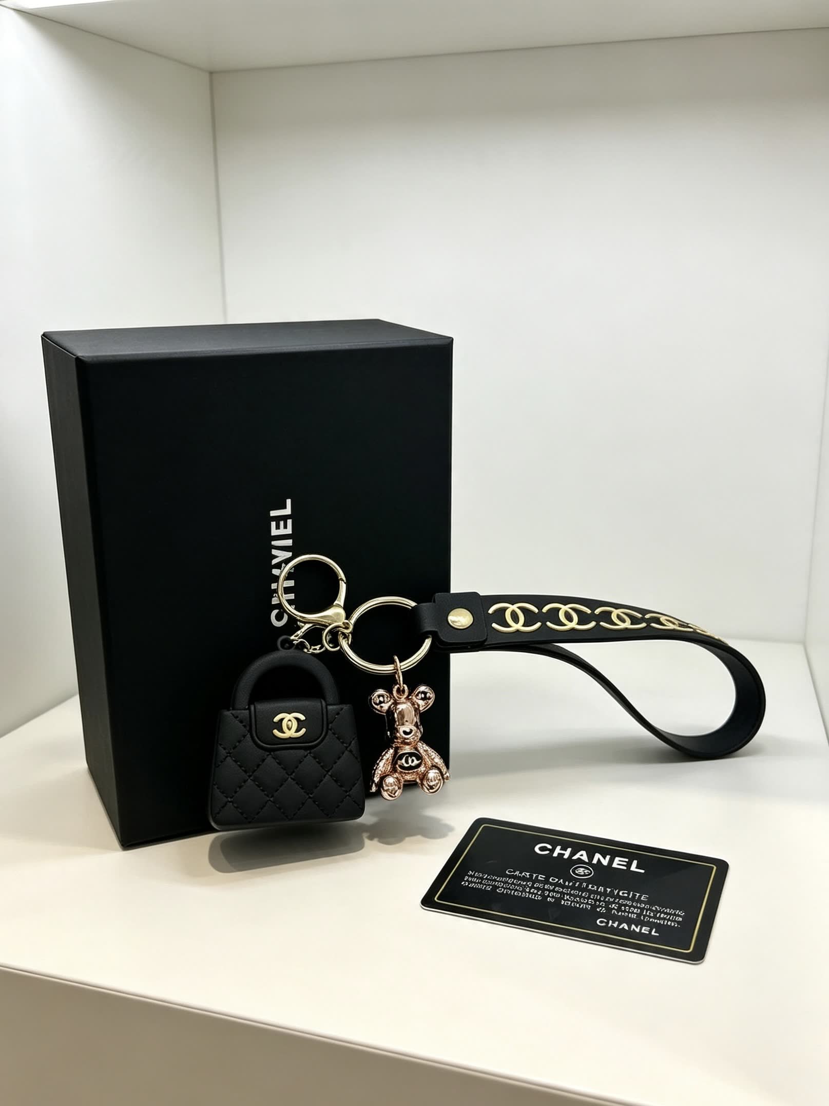 Chanel Quilted Leather Keychain with Gold Chain Strap
