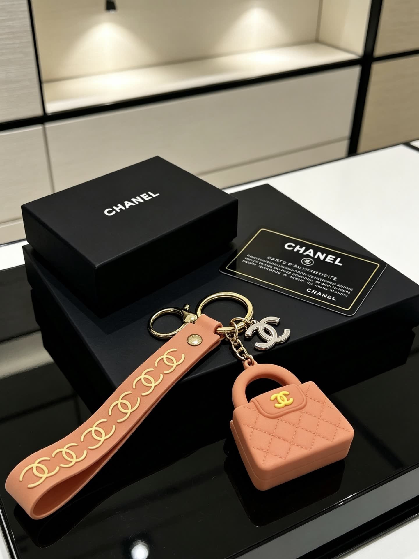 Chanel Leather Keychain with CC Logo and Bag Charm