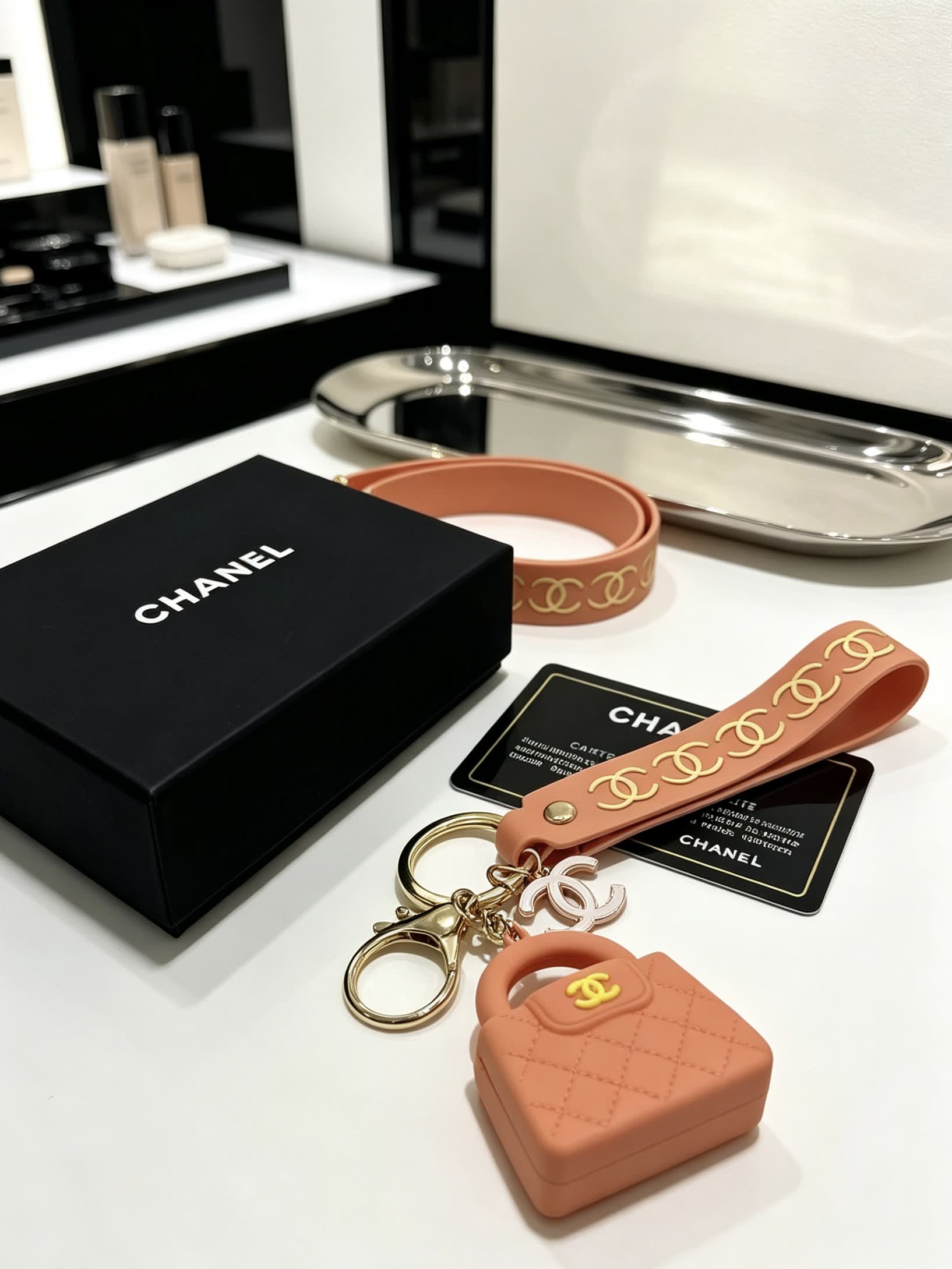 Chanel Leather Keychain with CC Logo and Bag Charm