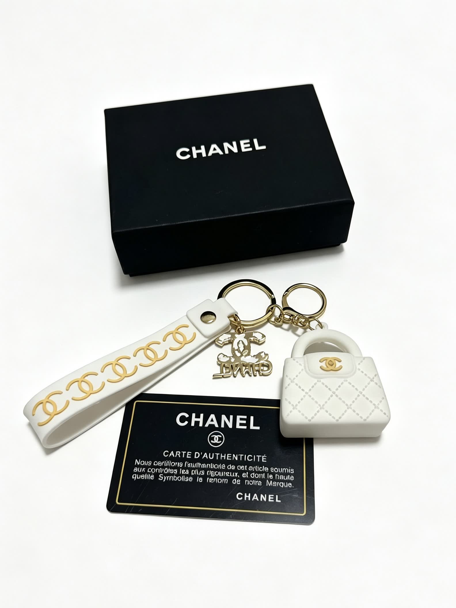 Chanel White Quilted Leather Keychain