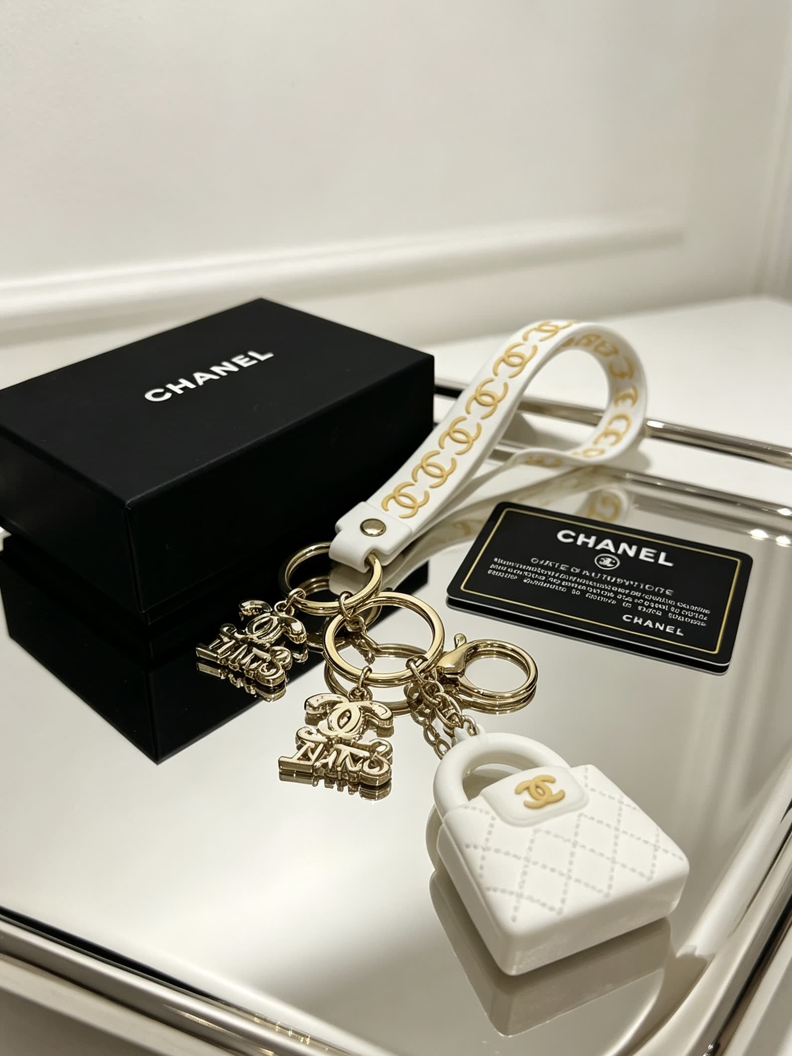 Chanel White Quilted Leather Keychain