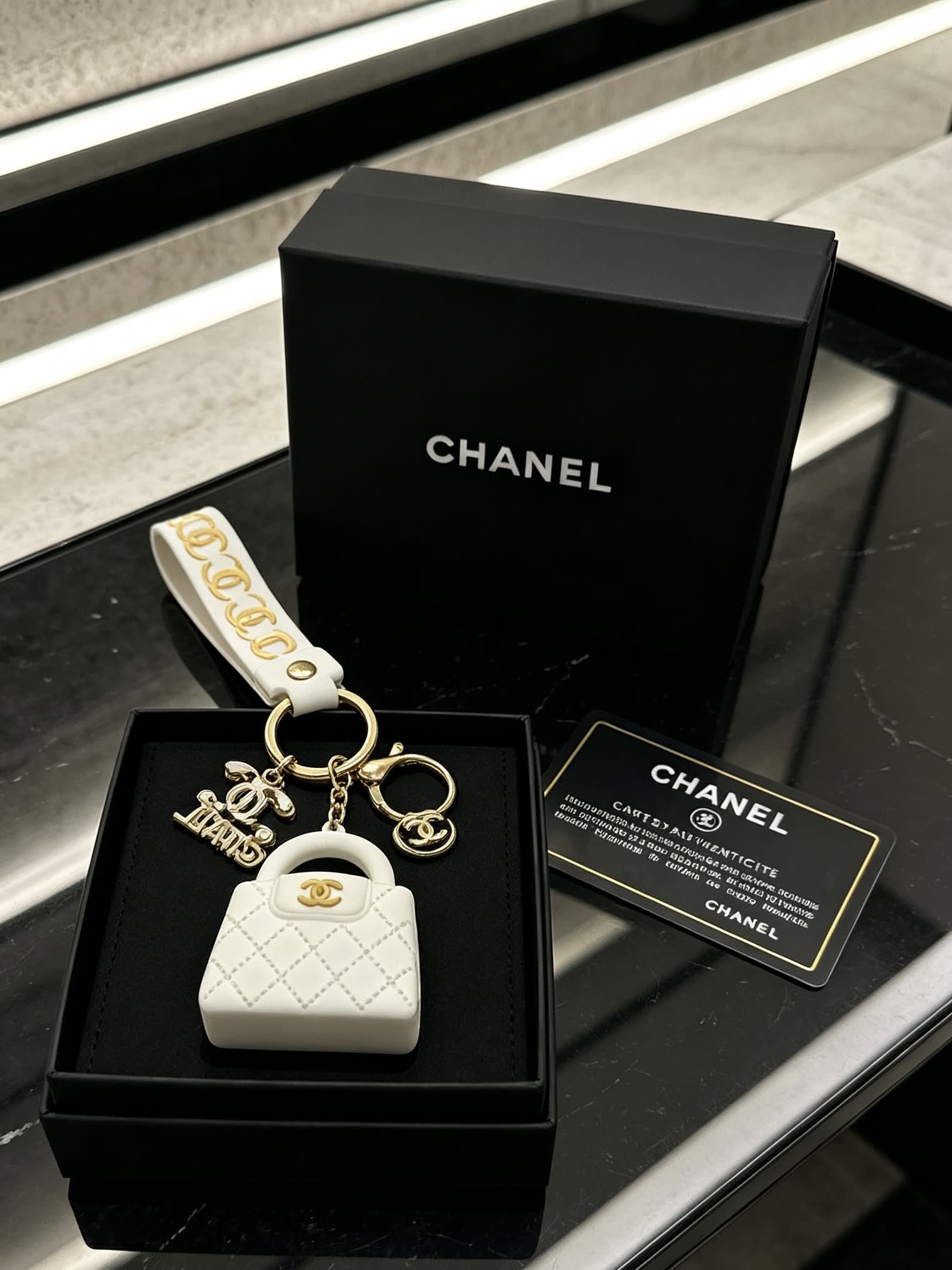 Chanel White Quilted Leather Keychain