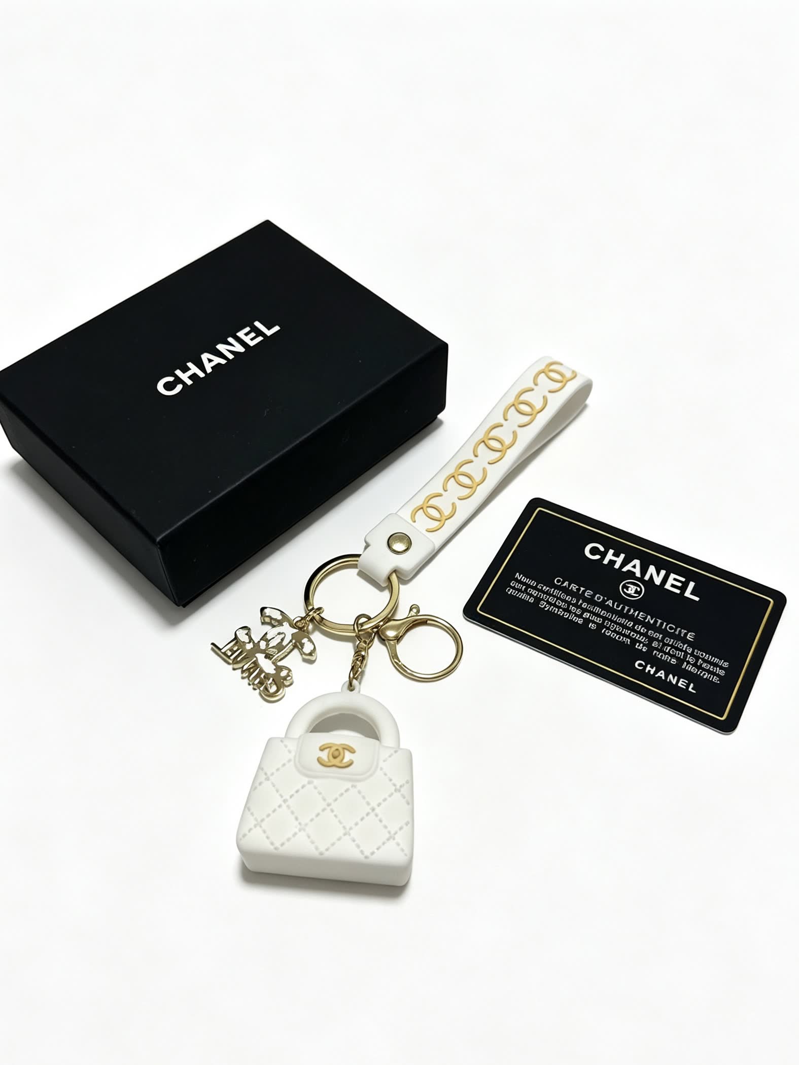 Chanel White Quilted Leather Keychain