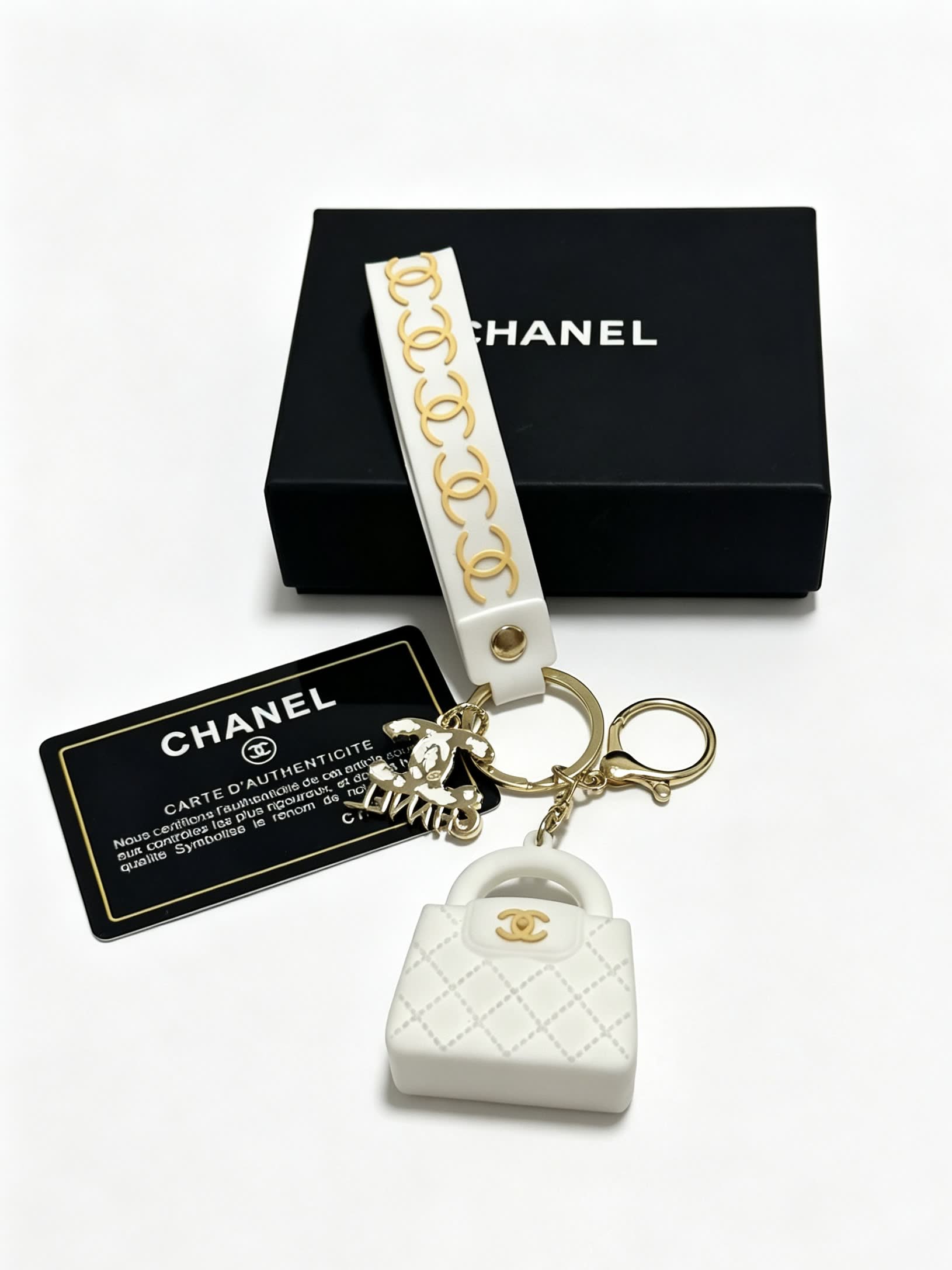 Chanel White Quilted Leather Keychain