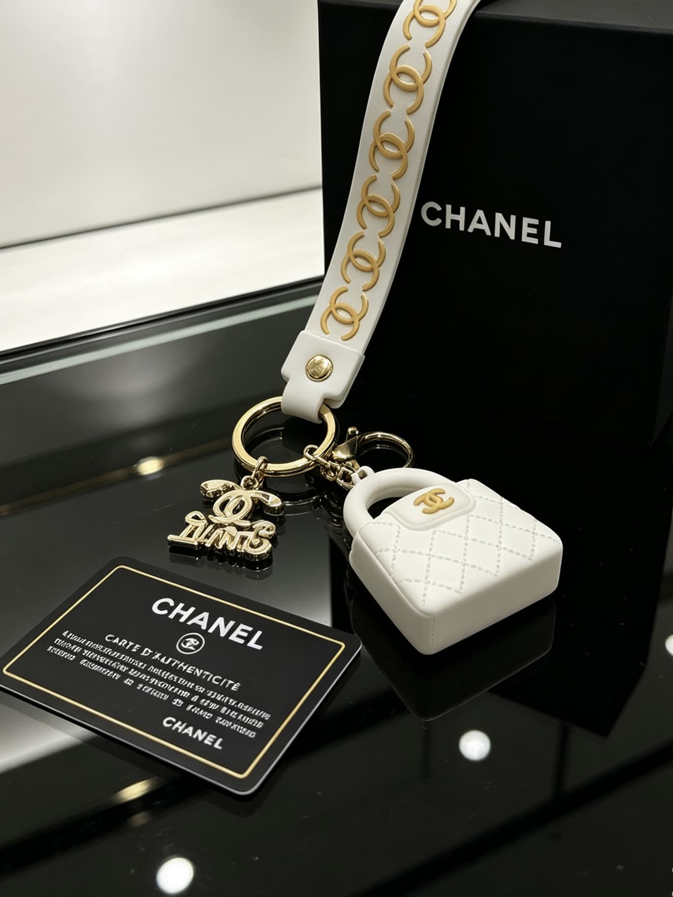 Chanel White Quilted Leather Keychain