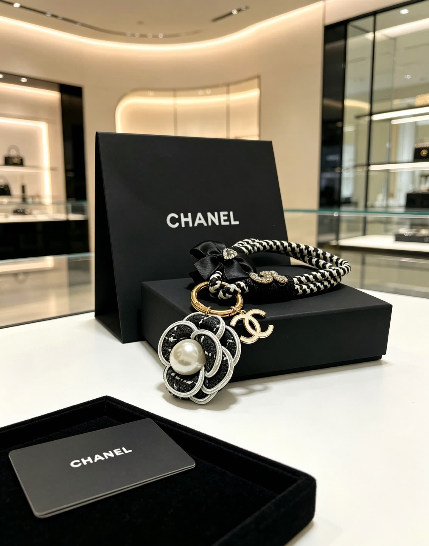 Chanel Black and White Braided Keychain with Pearl Flower Charm