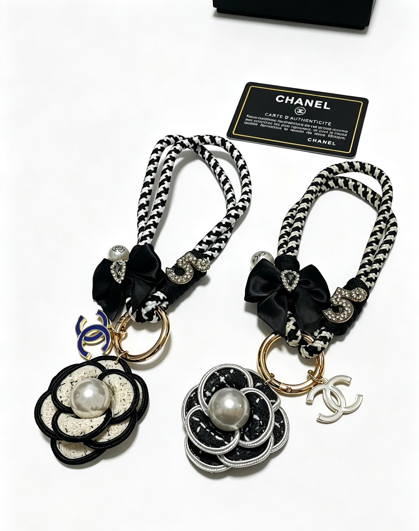 Chanel Black and White Braided Keychain with Pearl Flower Charm