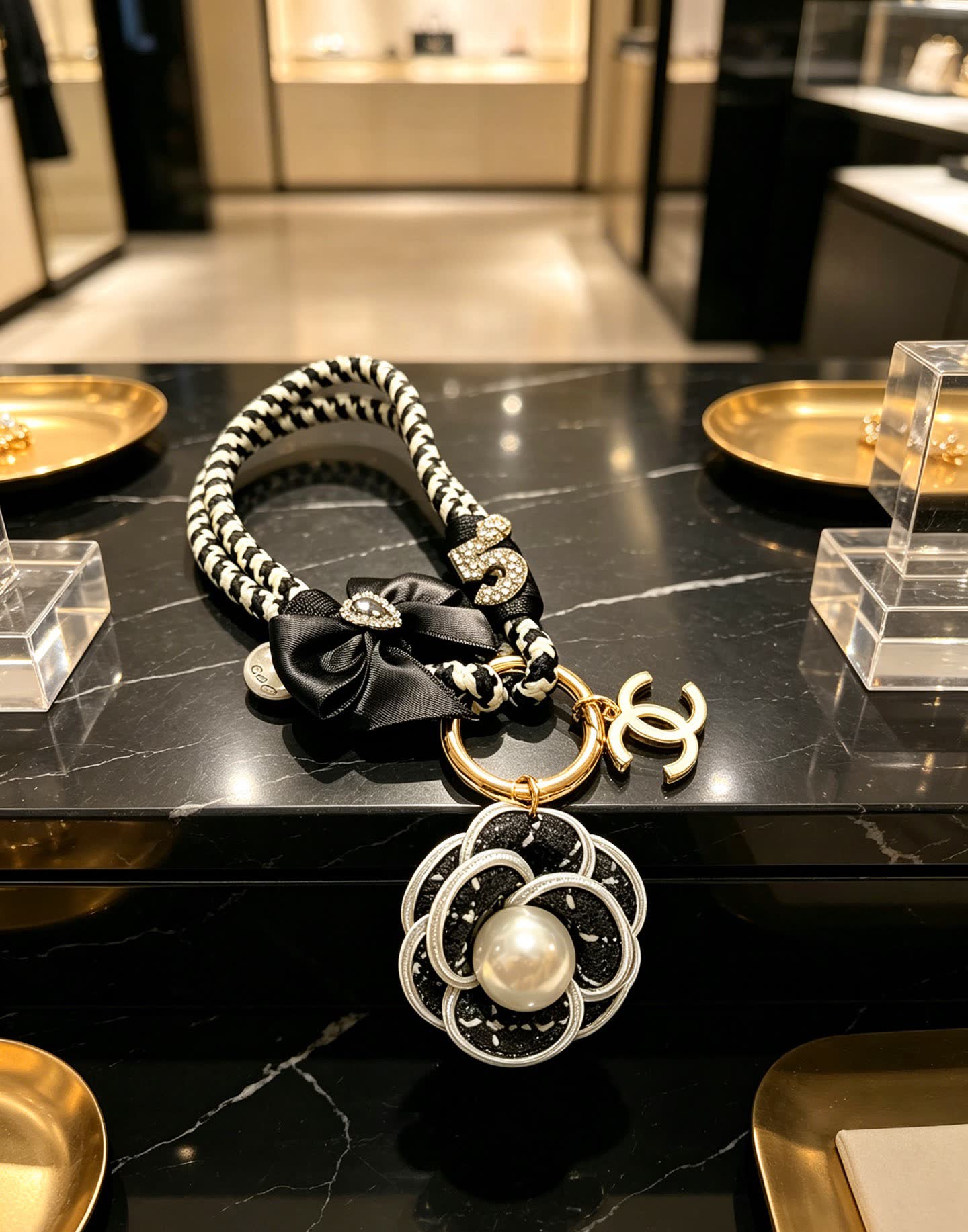 Chanel Black and White Braided Keychain with Pearl Flower Charm