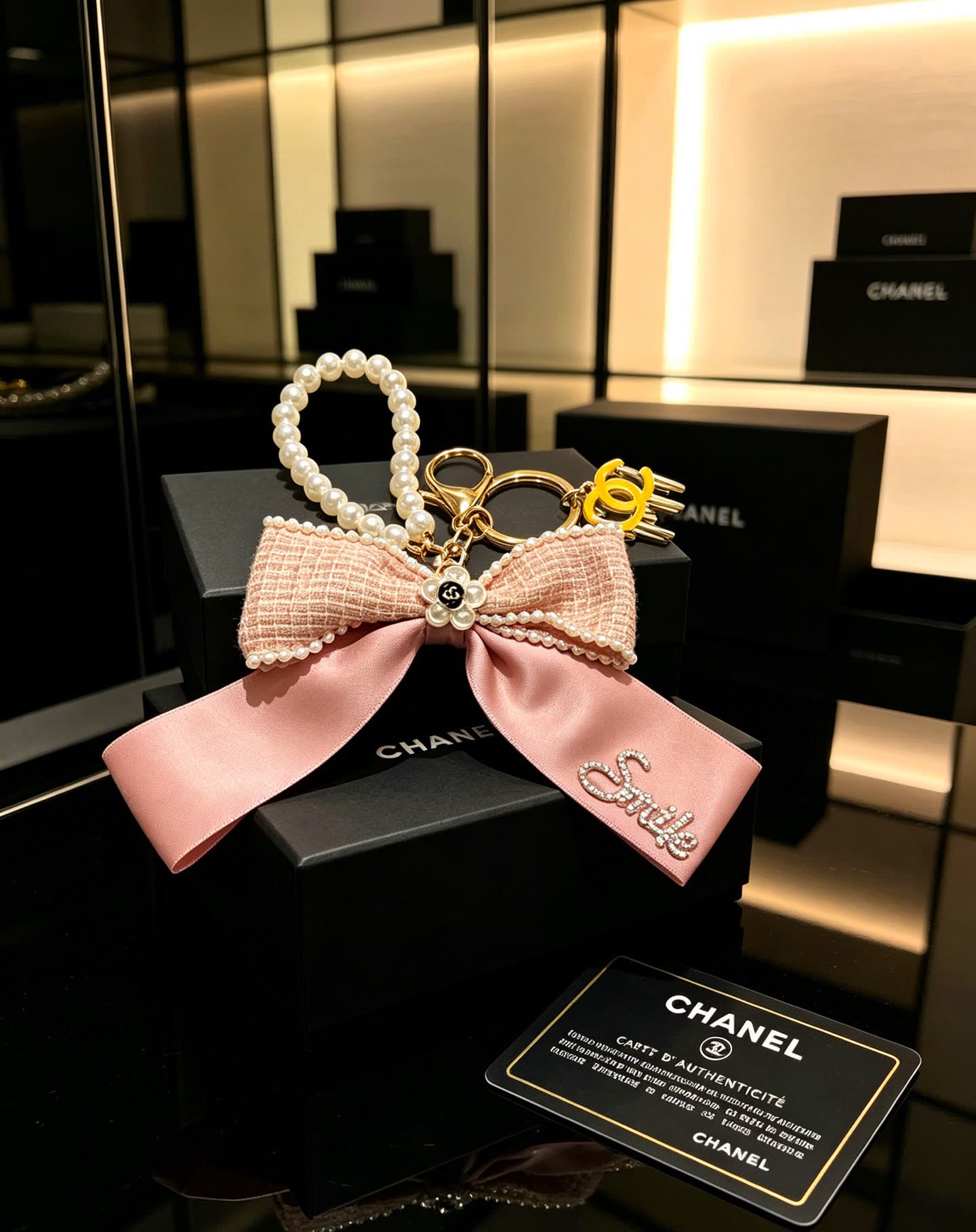 Chanel Pink Satin and Pearl Keychain