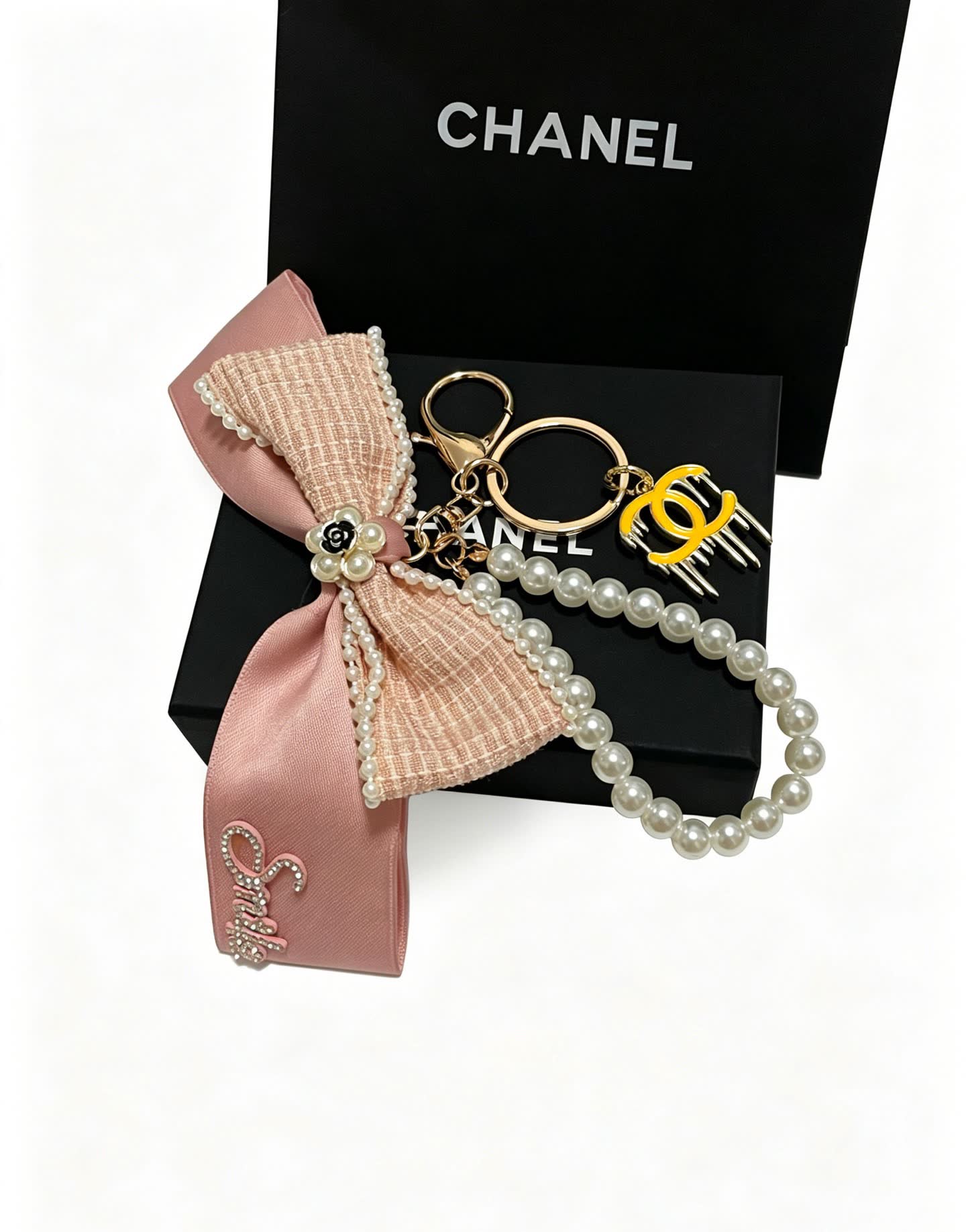 Chanel Pink Satin and Pearl Keychain