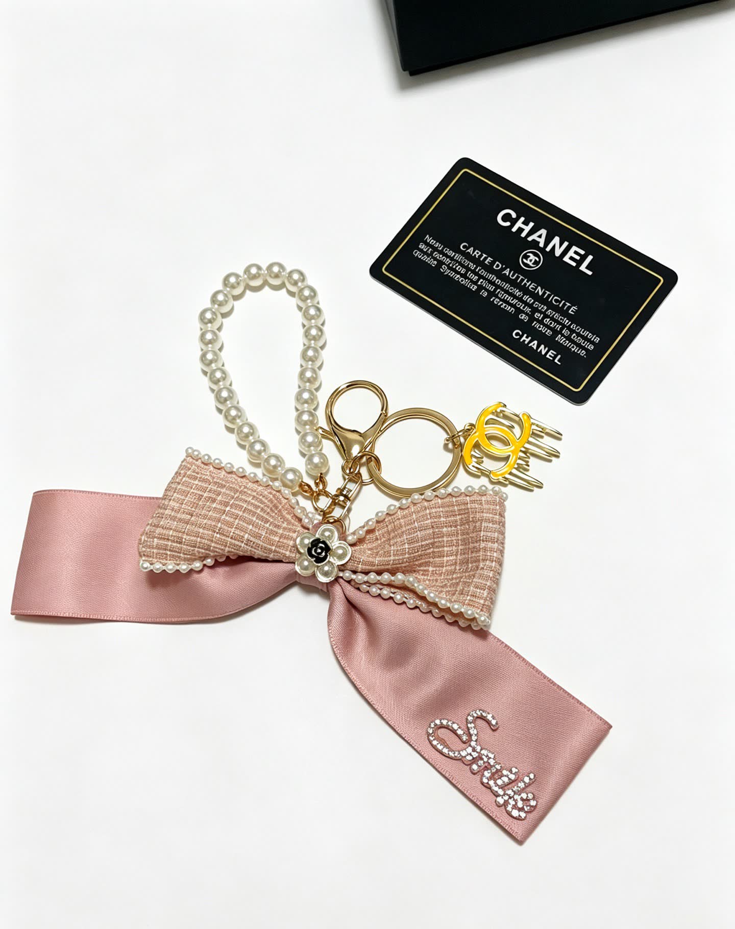 Chanel Pink Satin and Pearl Keychain