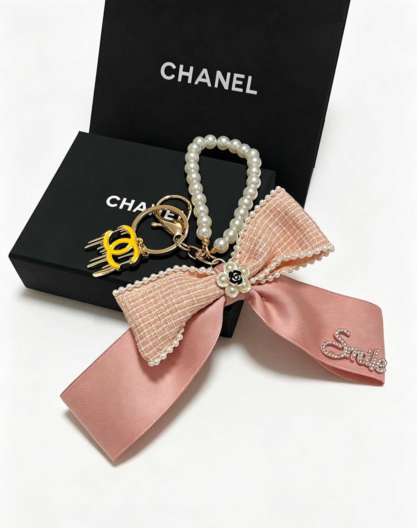 Chanel Pink Satin and Pearl Keychain