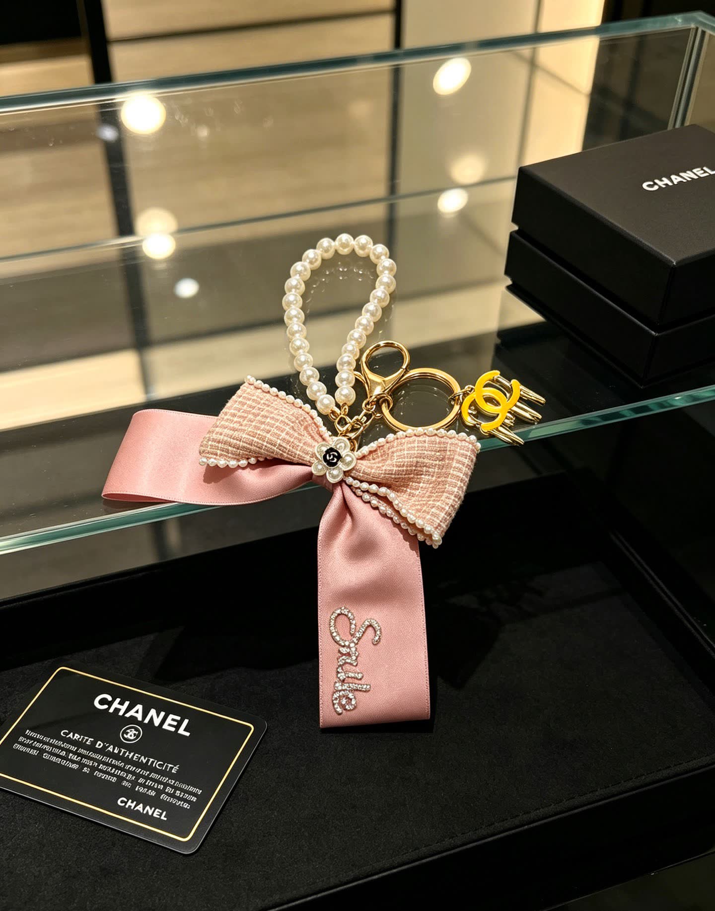 Chanel Pink Satin and Pearl Keychain