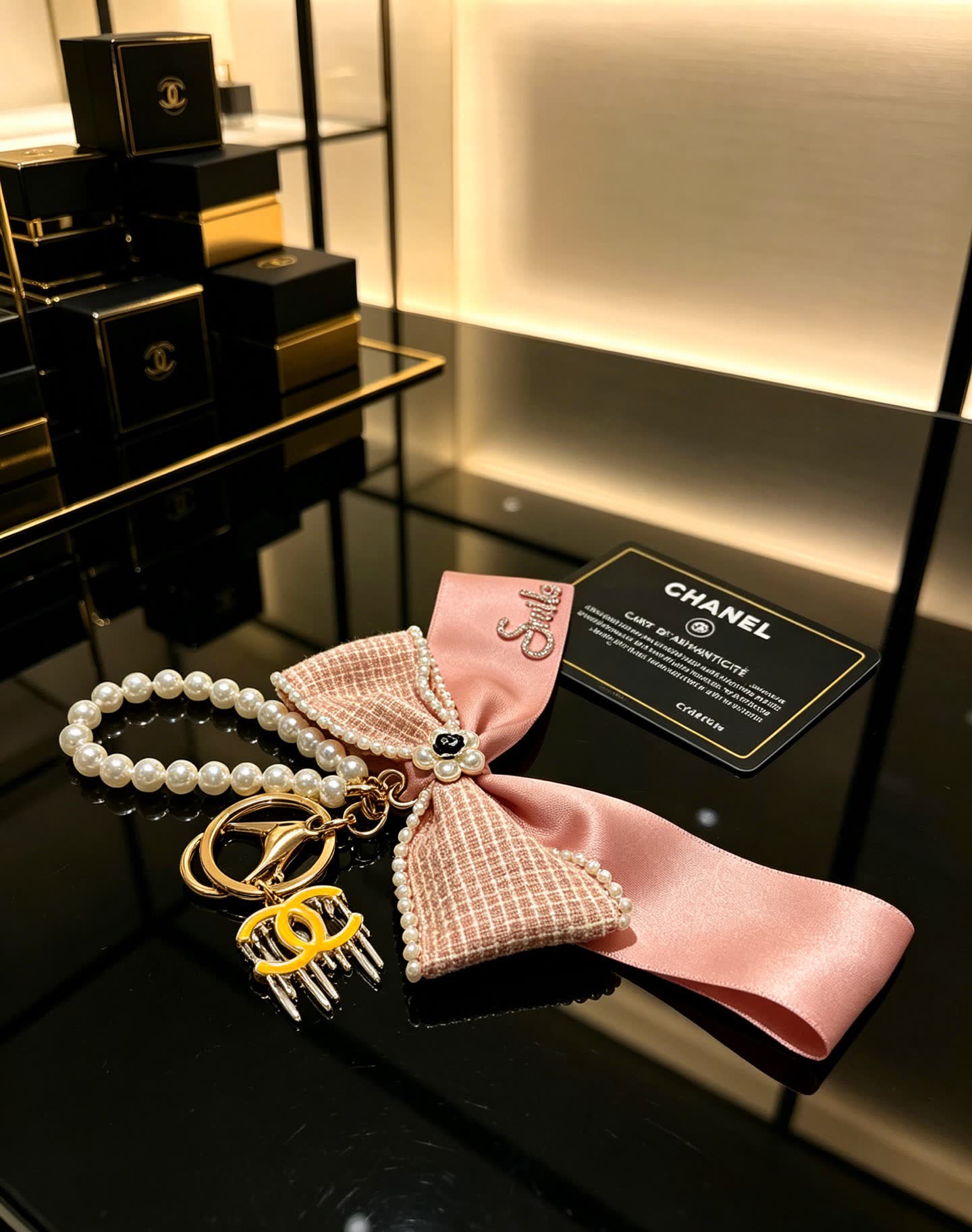 Chanel Pink Satin and Pearl Keychain
