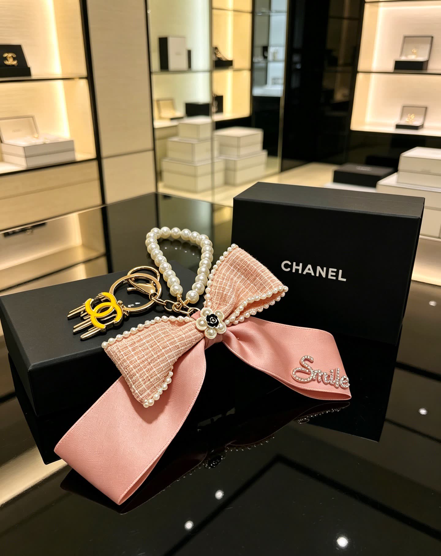 Chanel Pink Satin and Pearl Keychain