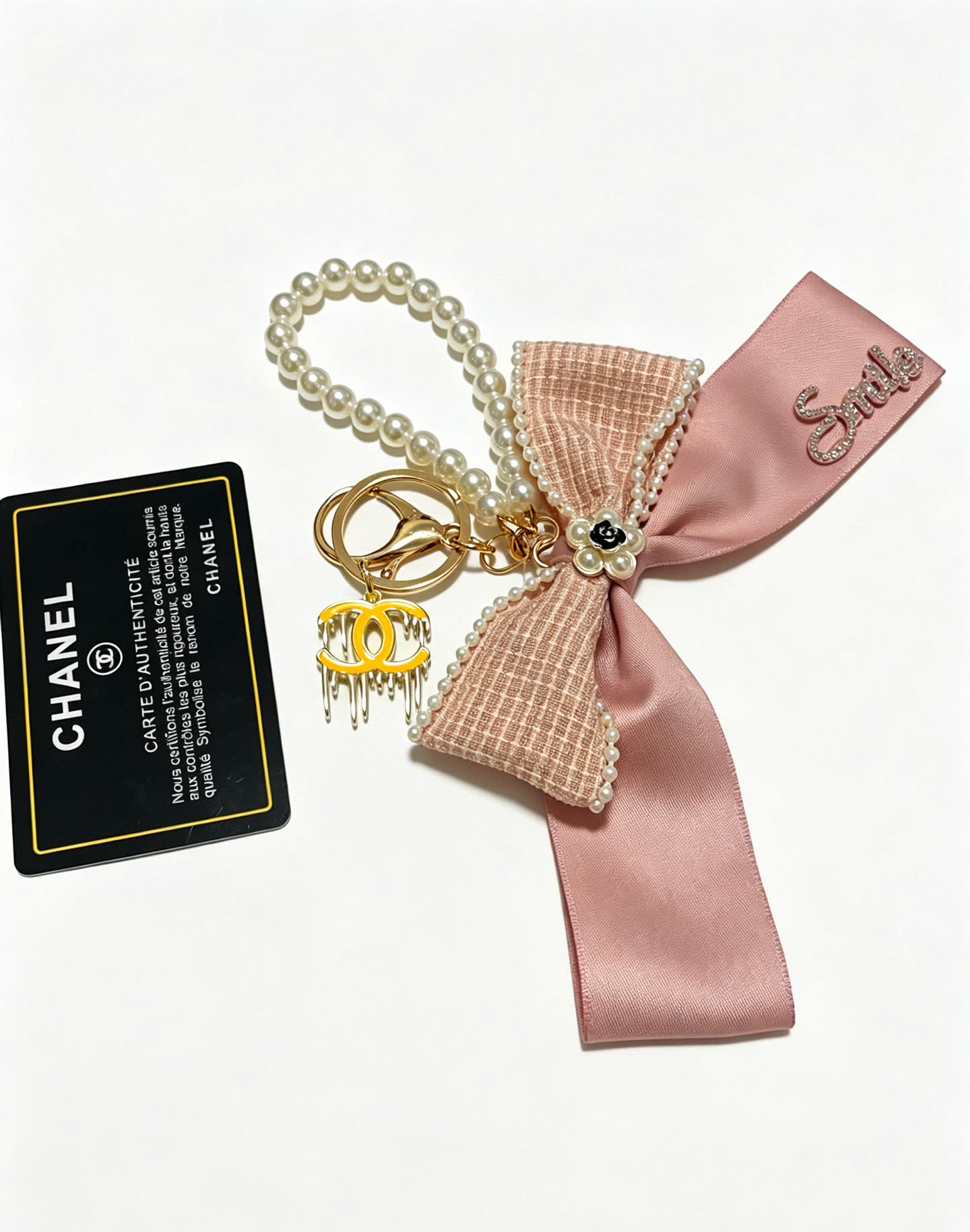Chanel Pink Satin and Pearl Keychain