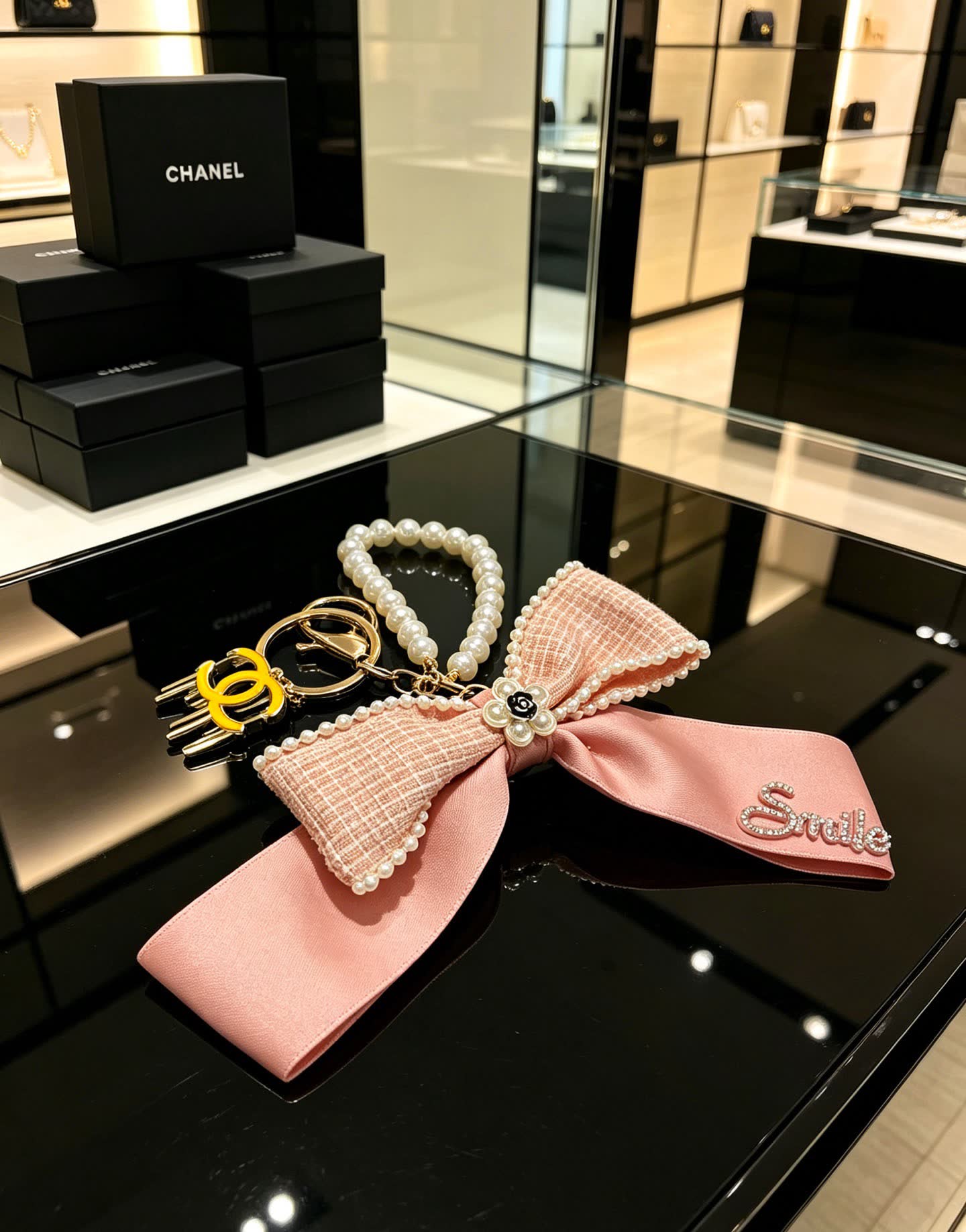Chanel Pink Satin and Pearl Keychain