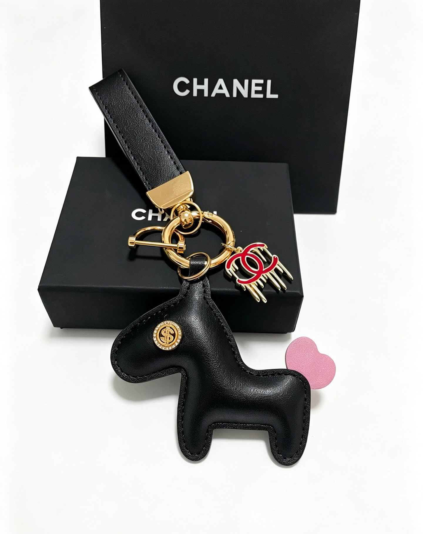 Chanel Leather Keychain with CC Logo and Pink Heart Charm