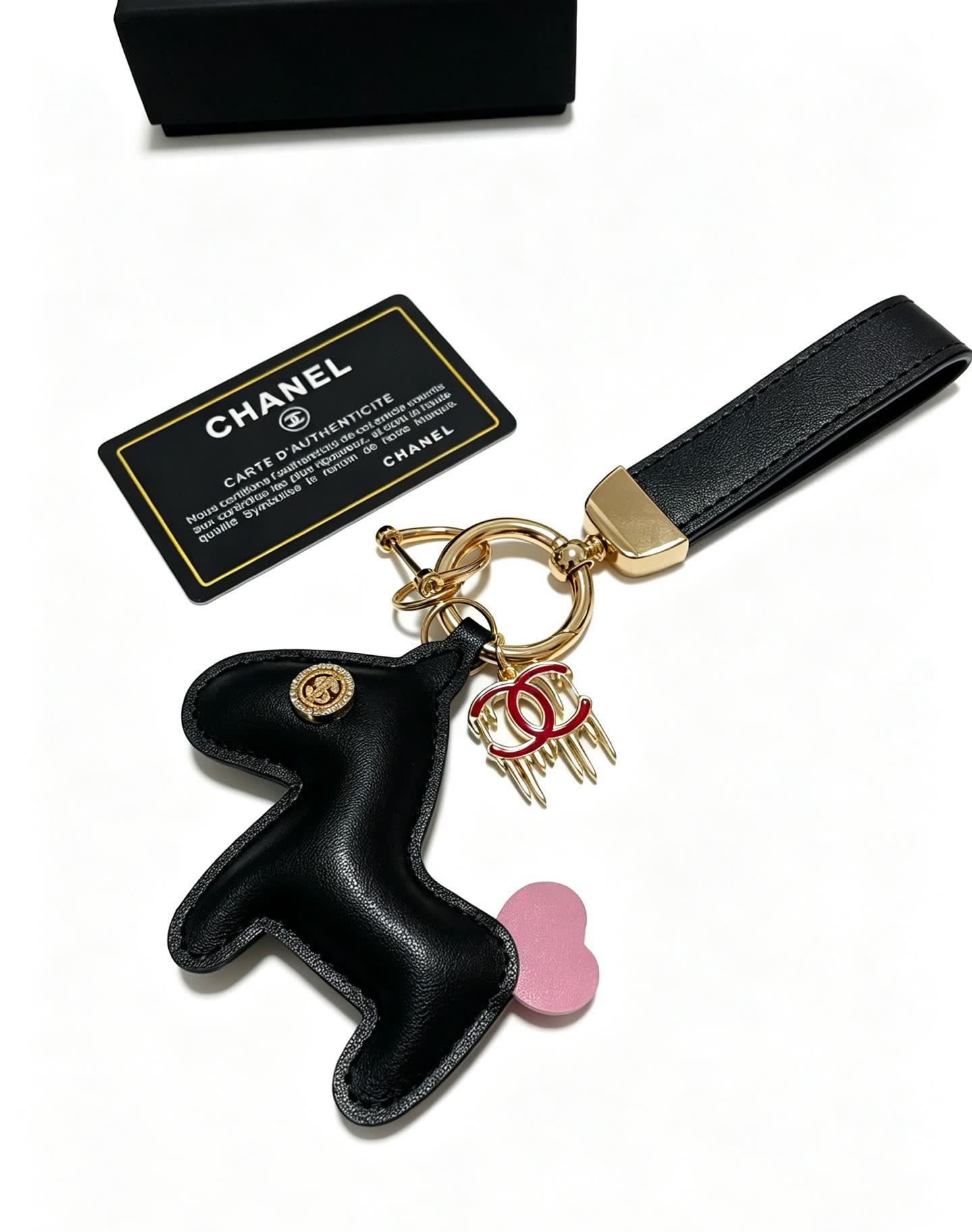 Chanel Leather Keychain with CC Logo and Pink Heart Charm