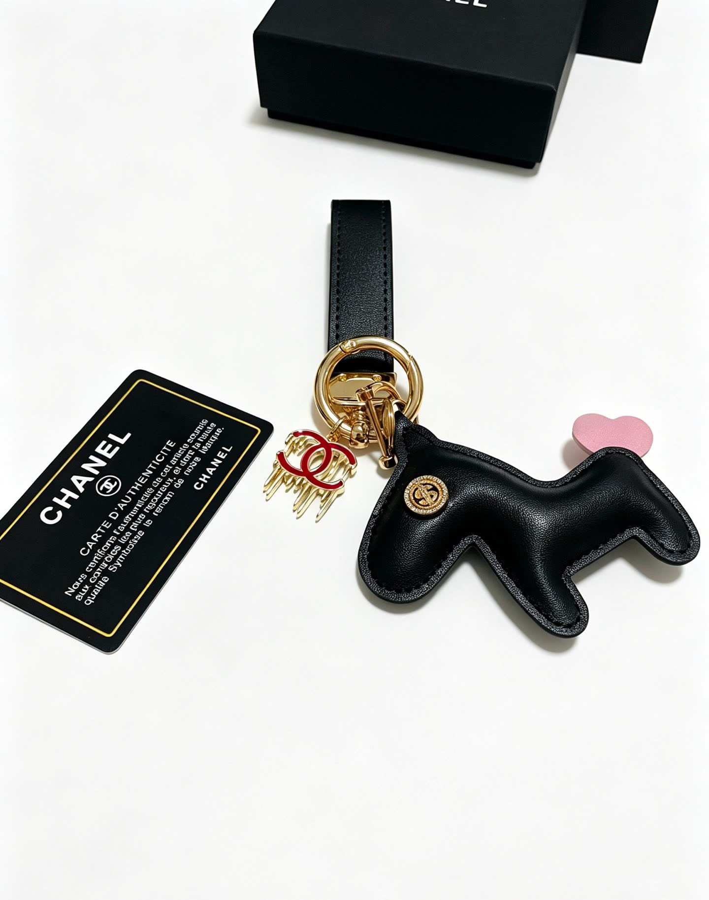 Chanel Leather Keychain with CC Logo and Pink Heart Charm
