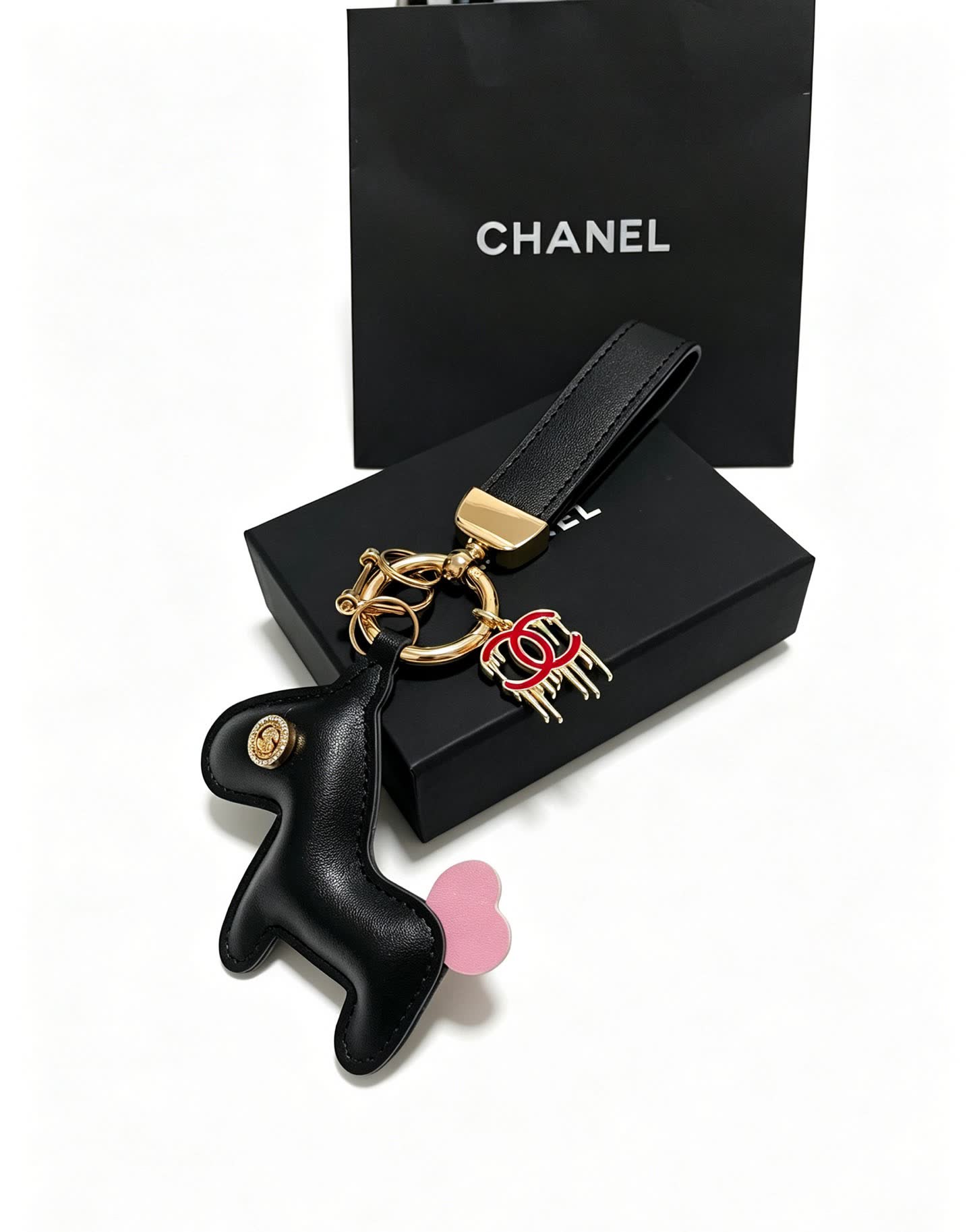 Chanel Leather Keychain with CC Logo and Pink Heart Charm
