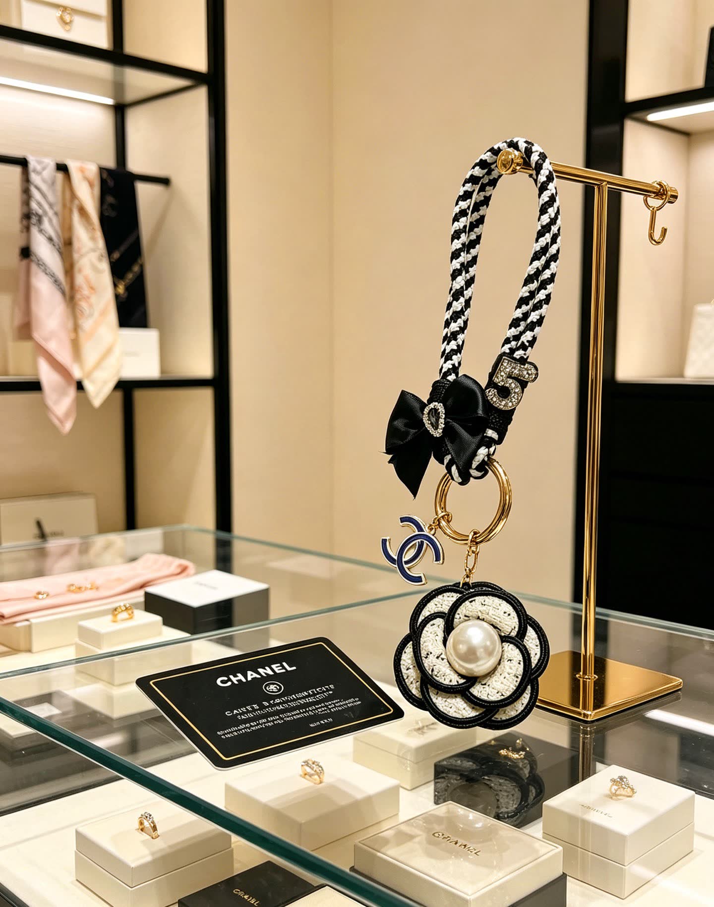 Chanel CC Logo Keychain with Pearl Flower Chanel CC Logo Keychain with Pearl Flower