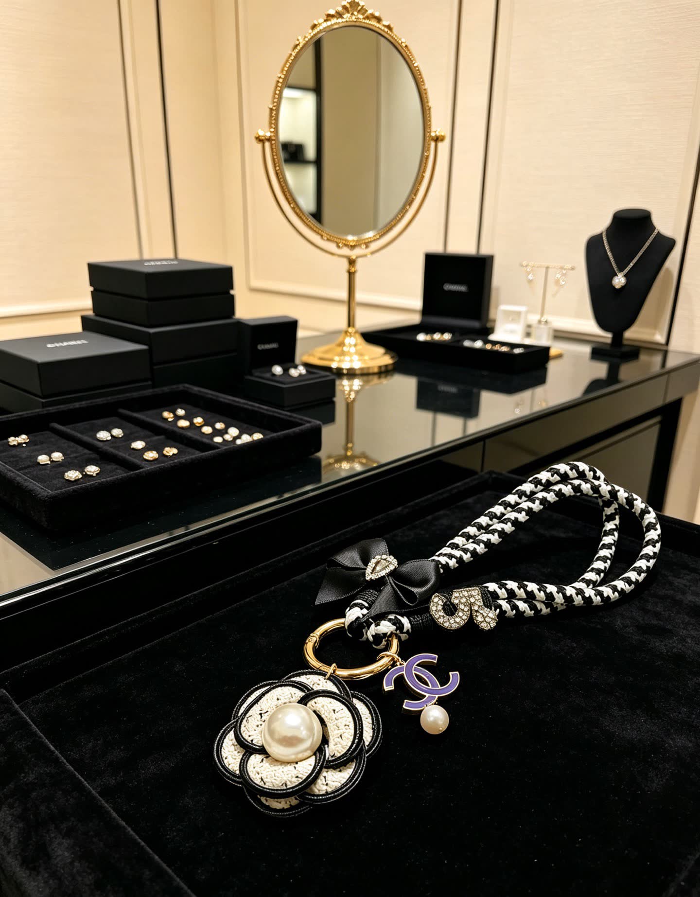 Chanel CC Logo Keychain with Pearl Flower
