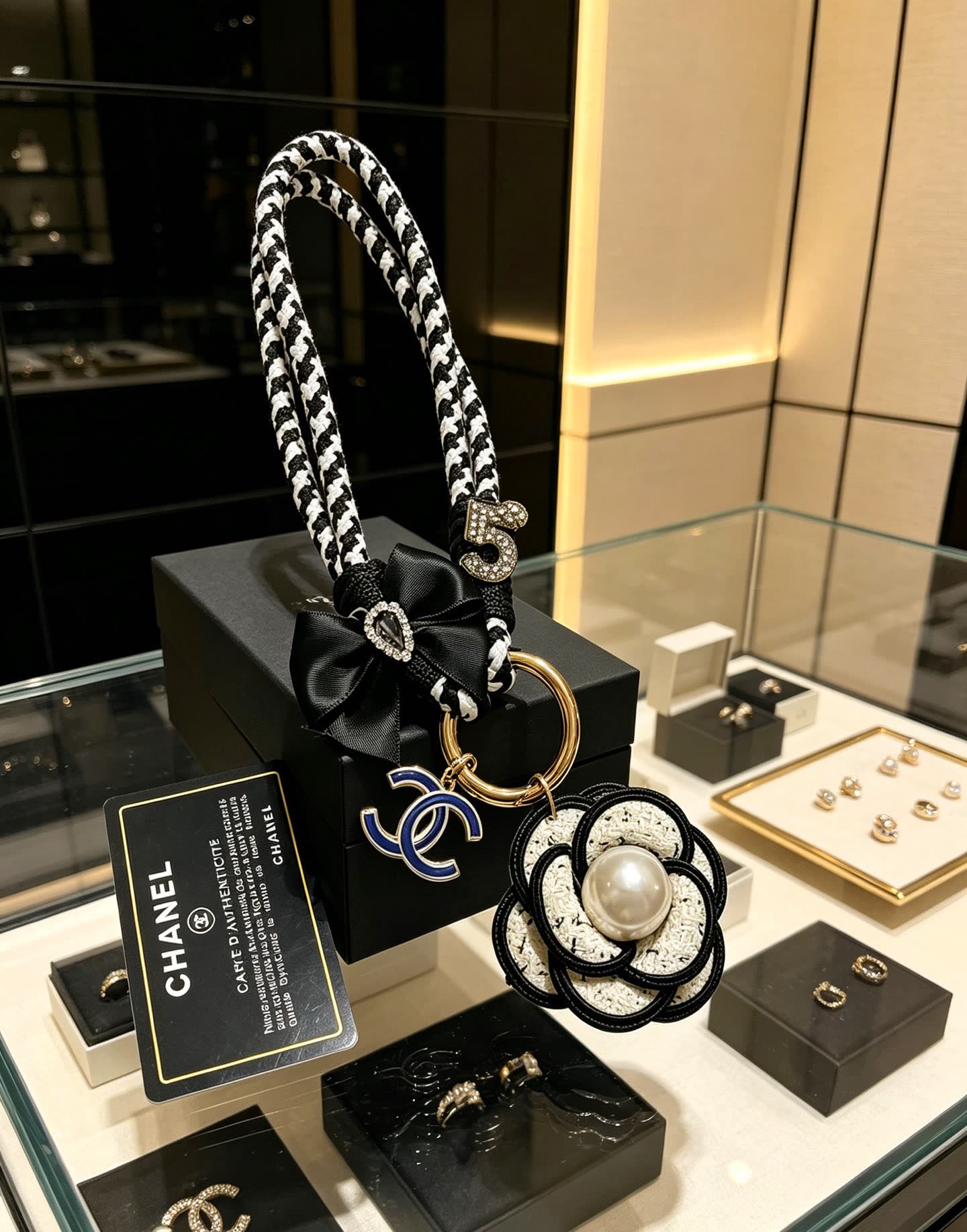 Chanel CC Logo Keychain with Pearl Flower