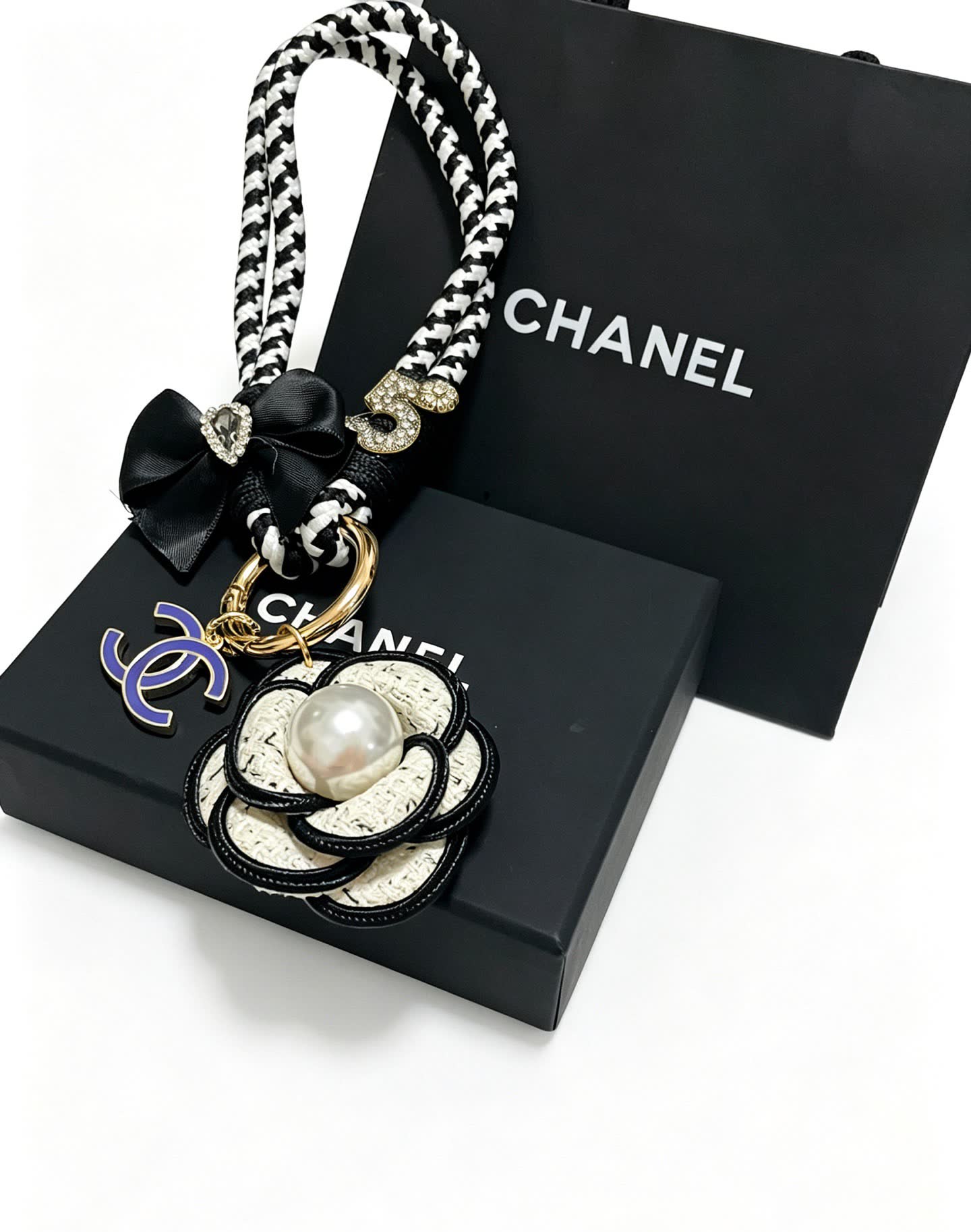Chanel CC Logo Keychain with Pearl Flower