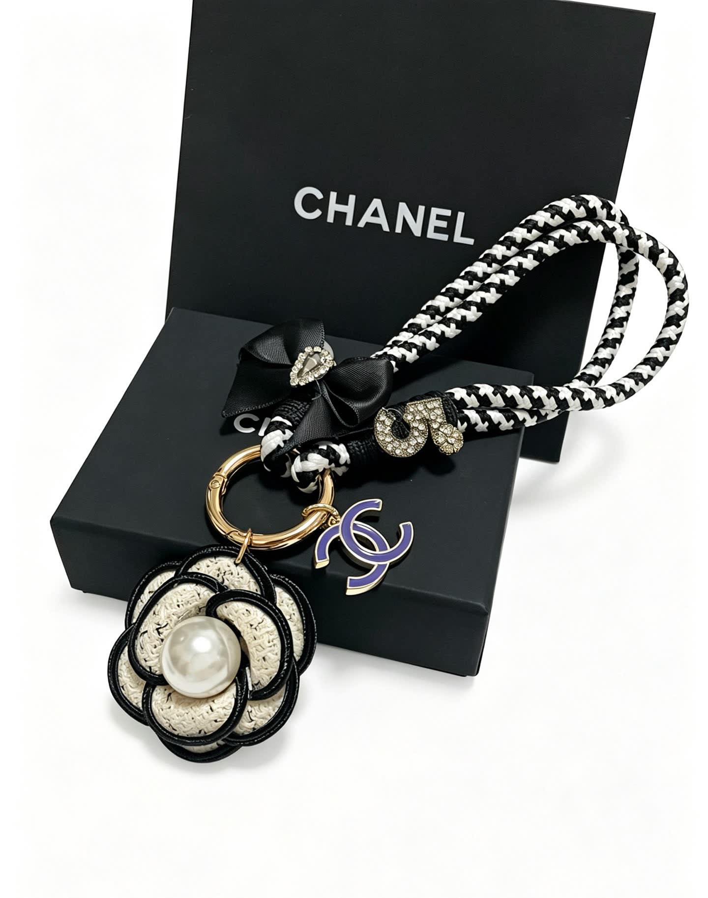 Chanel CC Logo Keychain with Pearl Flower