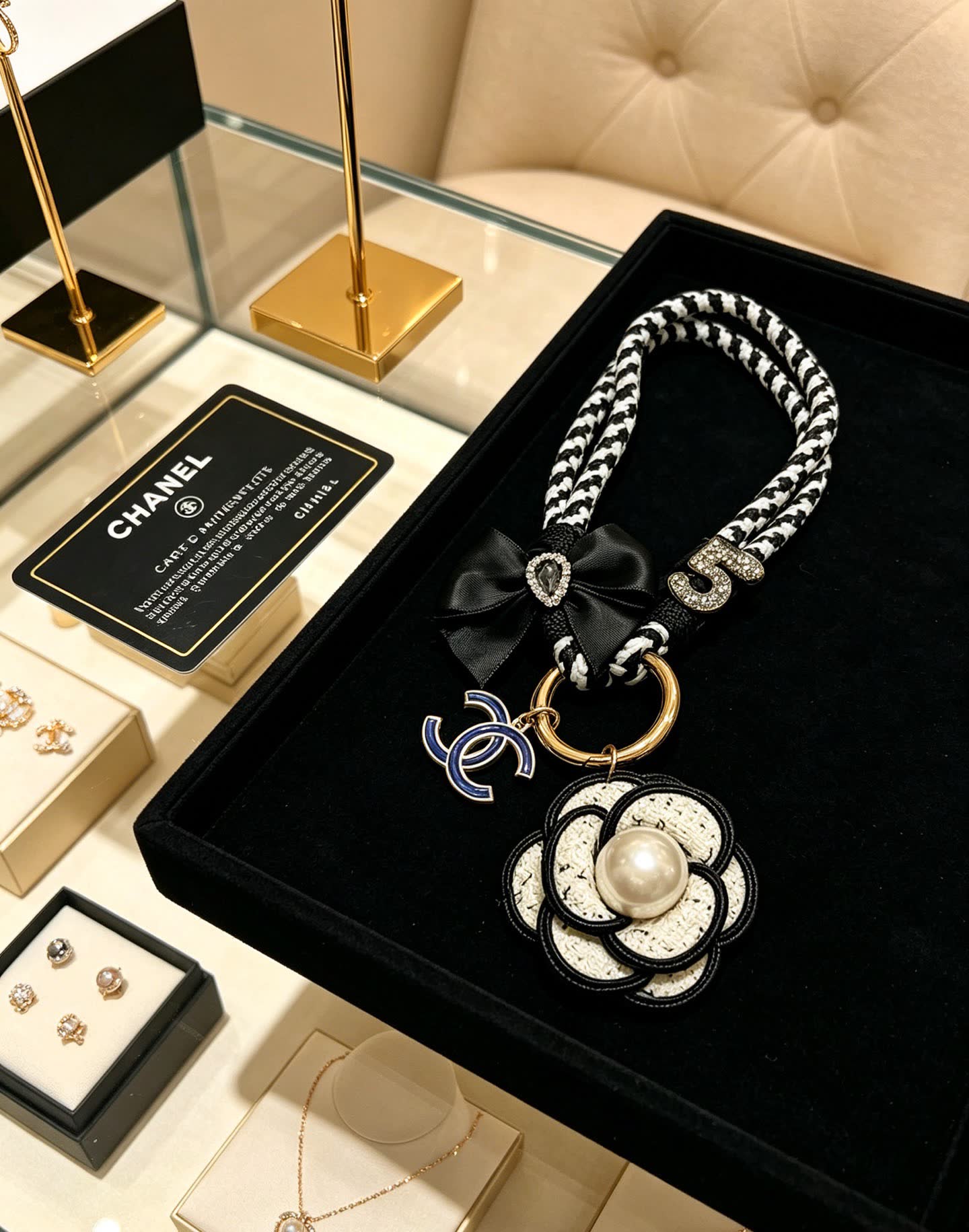 Chanel CC Logo Keychain with Pearl Flower