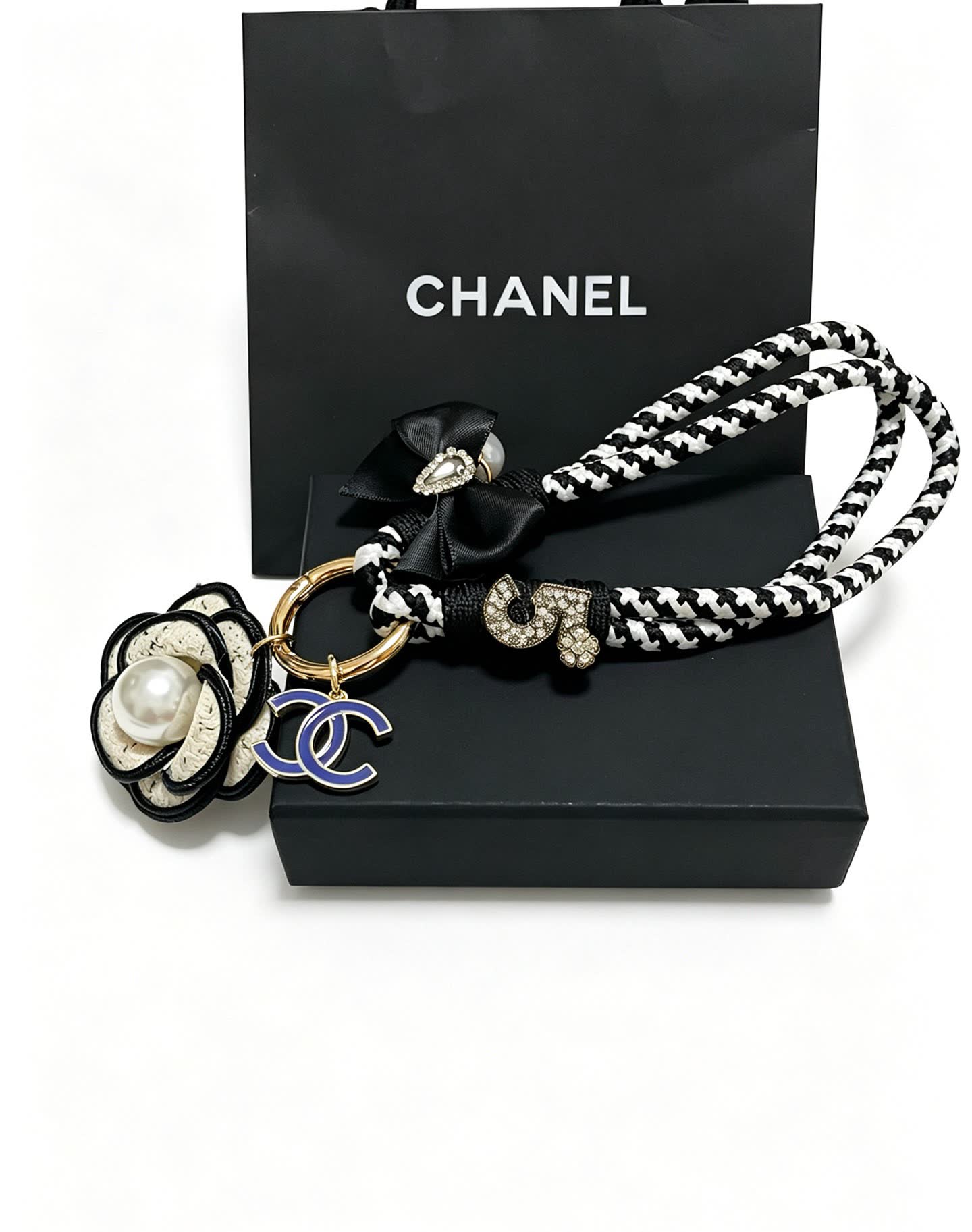 Chanel CC Logo Keychain with Pearl Flower