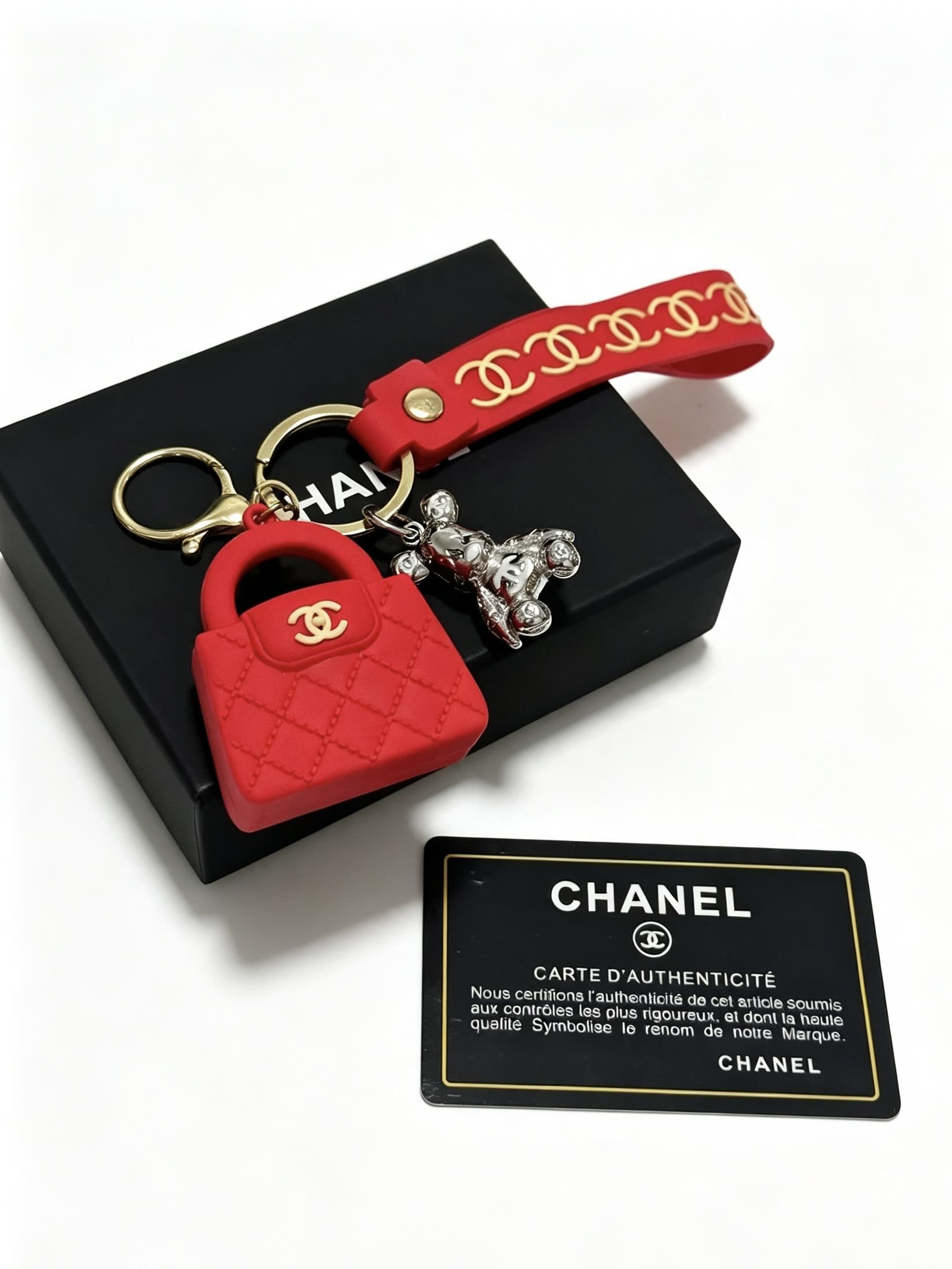Chanel Red Quilted Leather Keychain with Gold CC Logo