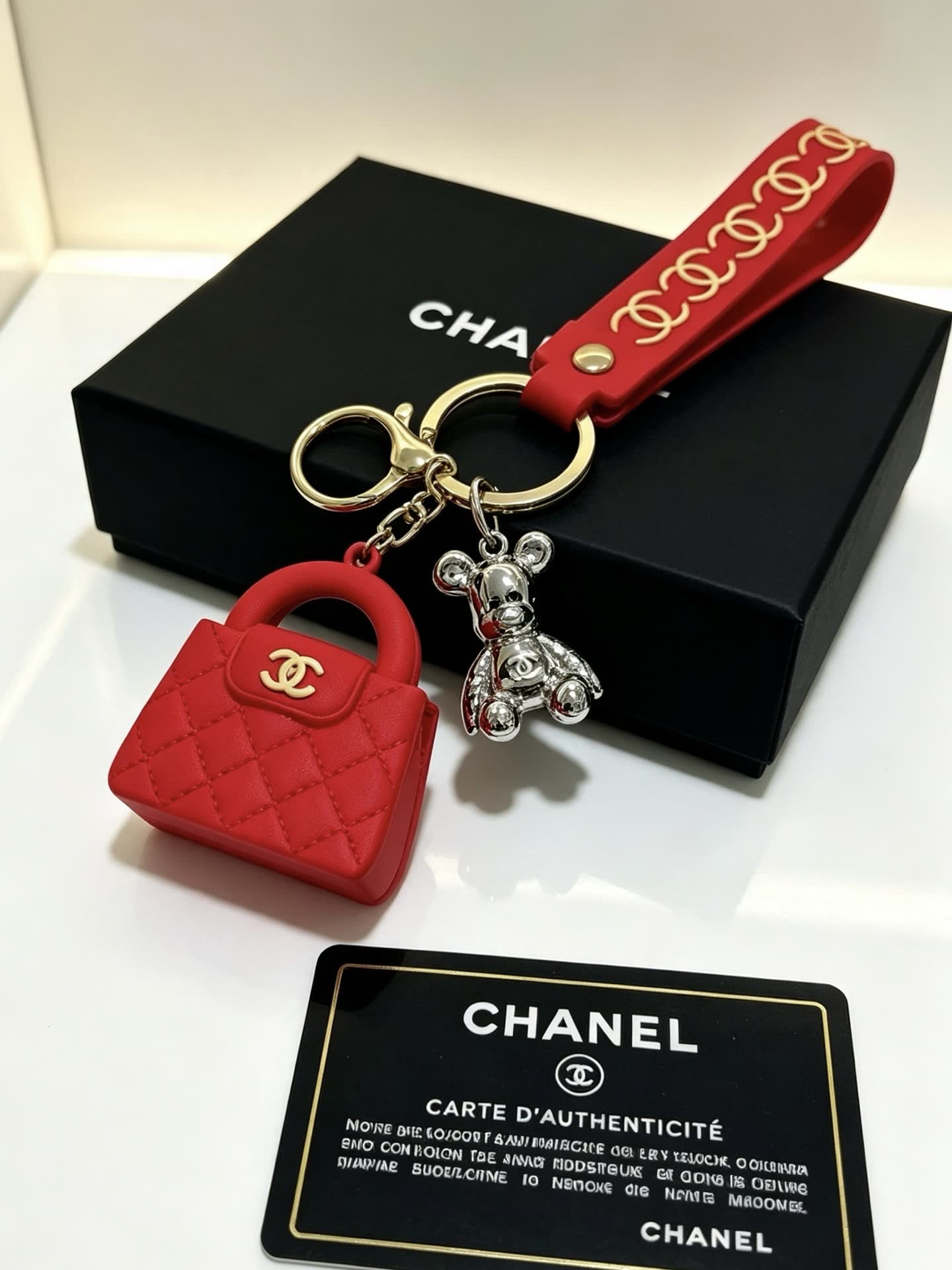 Chanel Red Quilted Leather Keychain with Gold CC Logo