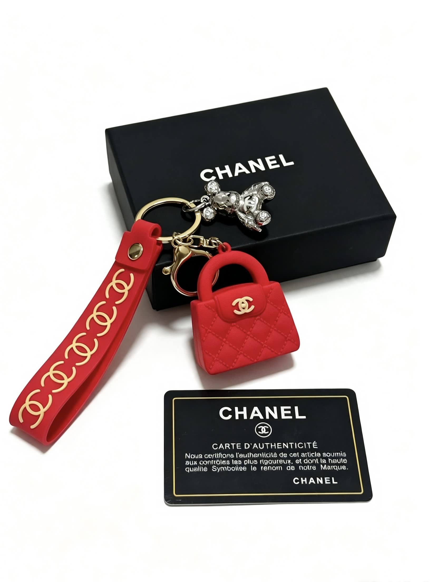 Chanel Red Quilted Leather Keychain with Gold CC Logo