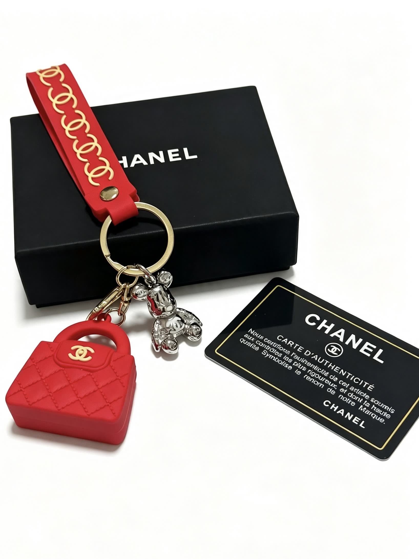 Chanel Red Quilted Leather Keychain with Gold CC Logo
